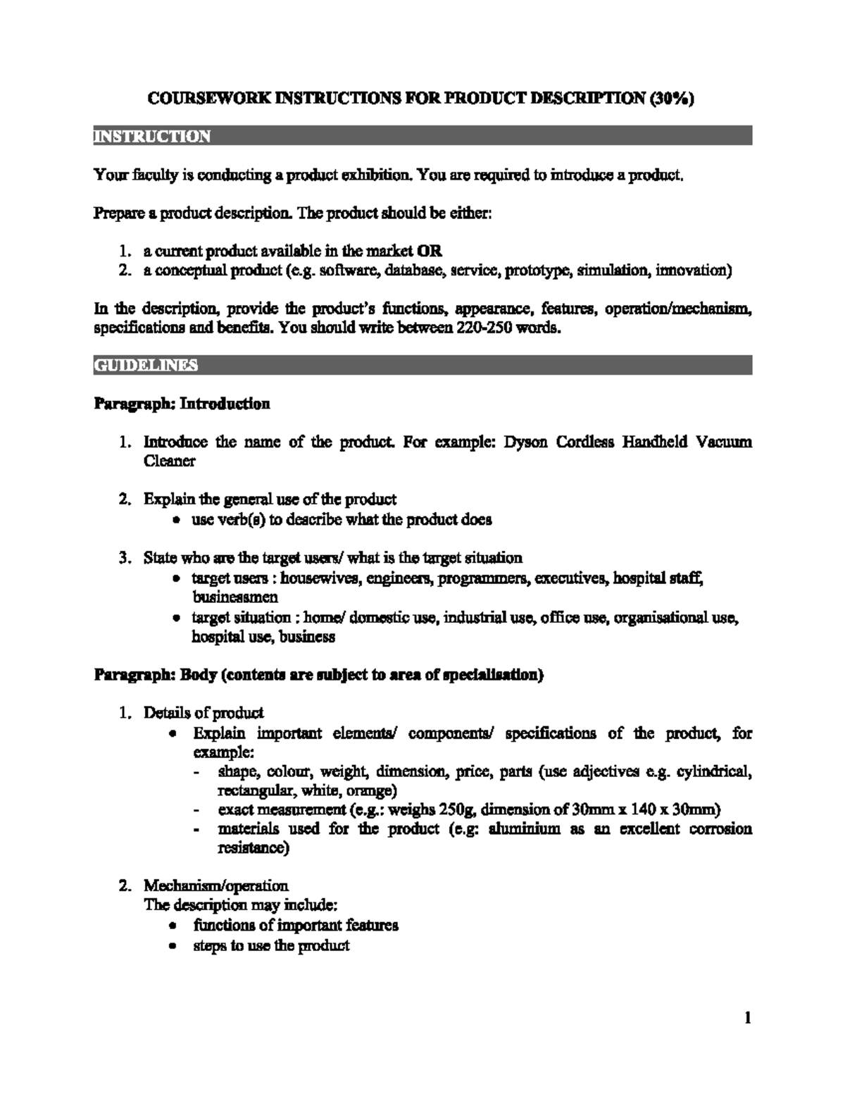 Product description coursework instructions for exhibition presentation ...