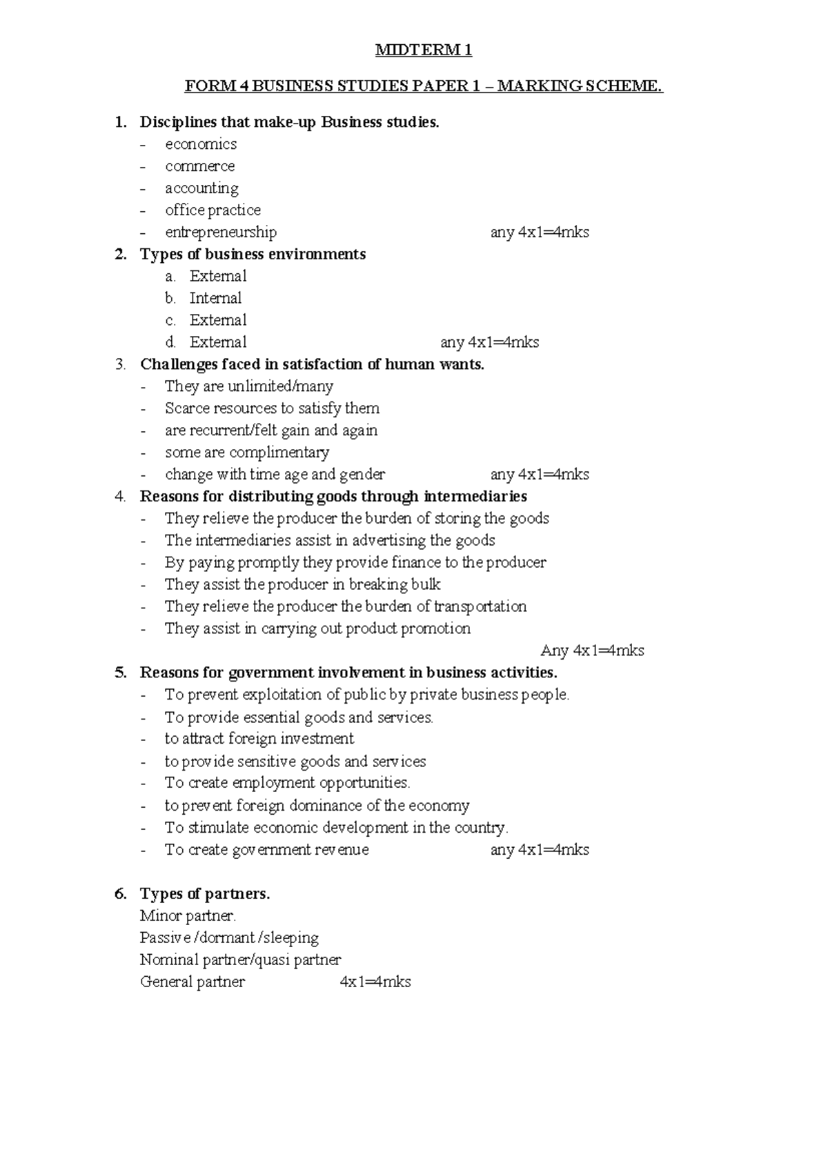 MIDTERM 1 B.ST FORM 4 PAPER 1 MARKING SCHEME TEACHING NOTES - Studocu