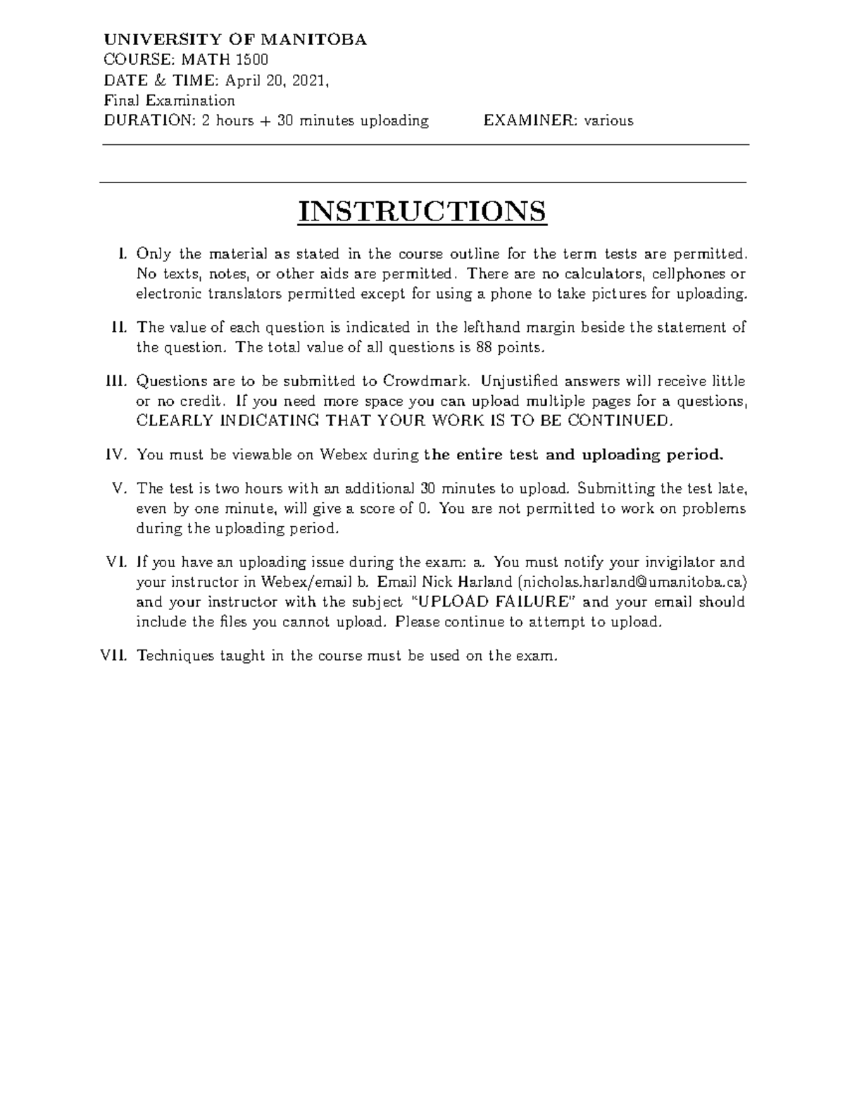 Math 1500 Winter 2021 Final Exam Instructions and Questions - Studocu