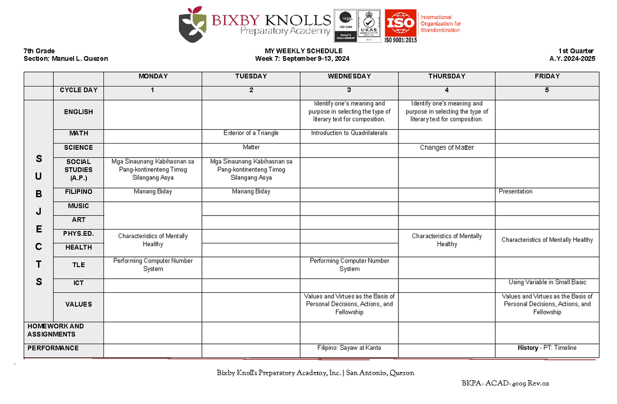 7th Grade MLQ-W7 Weekly Schedule: September 9-13, 2024 - Studocu