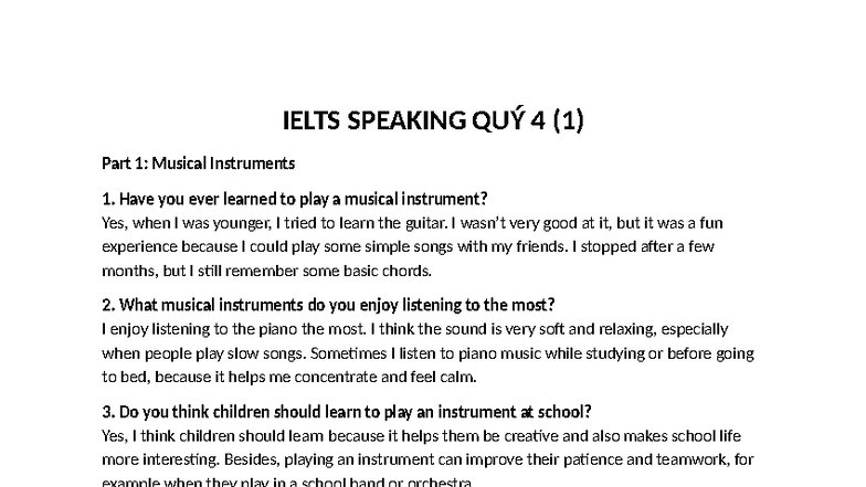 IELTS Speaking QUÝ 4: Musical Instruments & Noise Discussion - Studocu