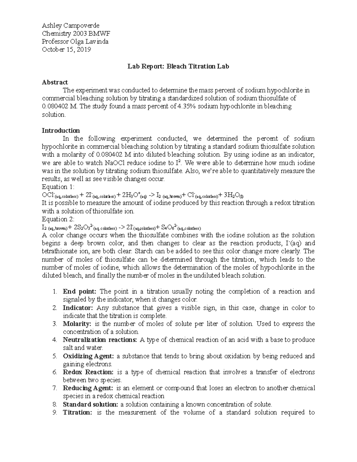 Lab Report: Titration of Sodium Hypochlorite in Bleach - Chem 2003 ...