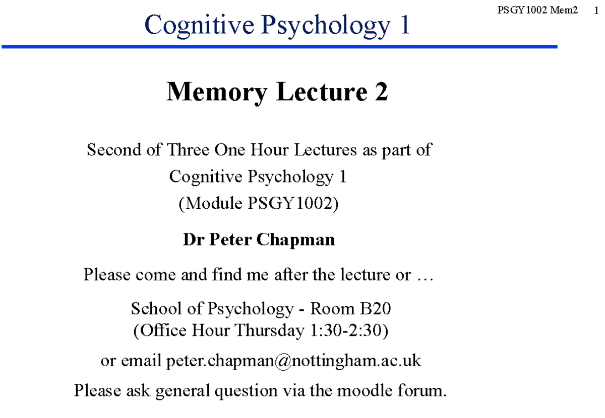 PSGY1002 Lecture Notes: Memory Lecture 2 - Studocu