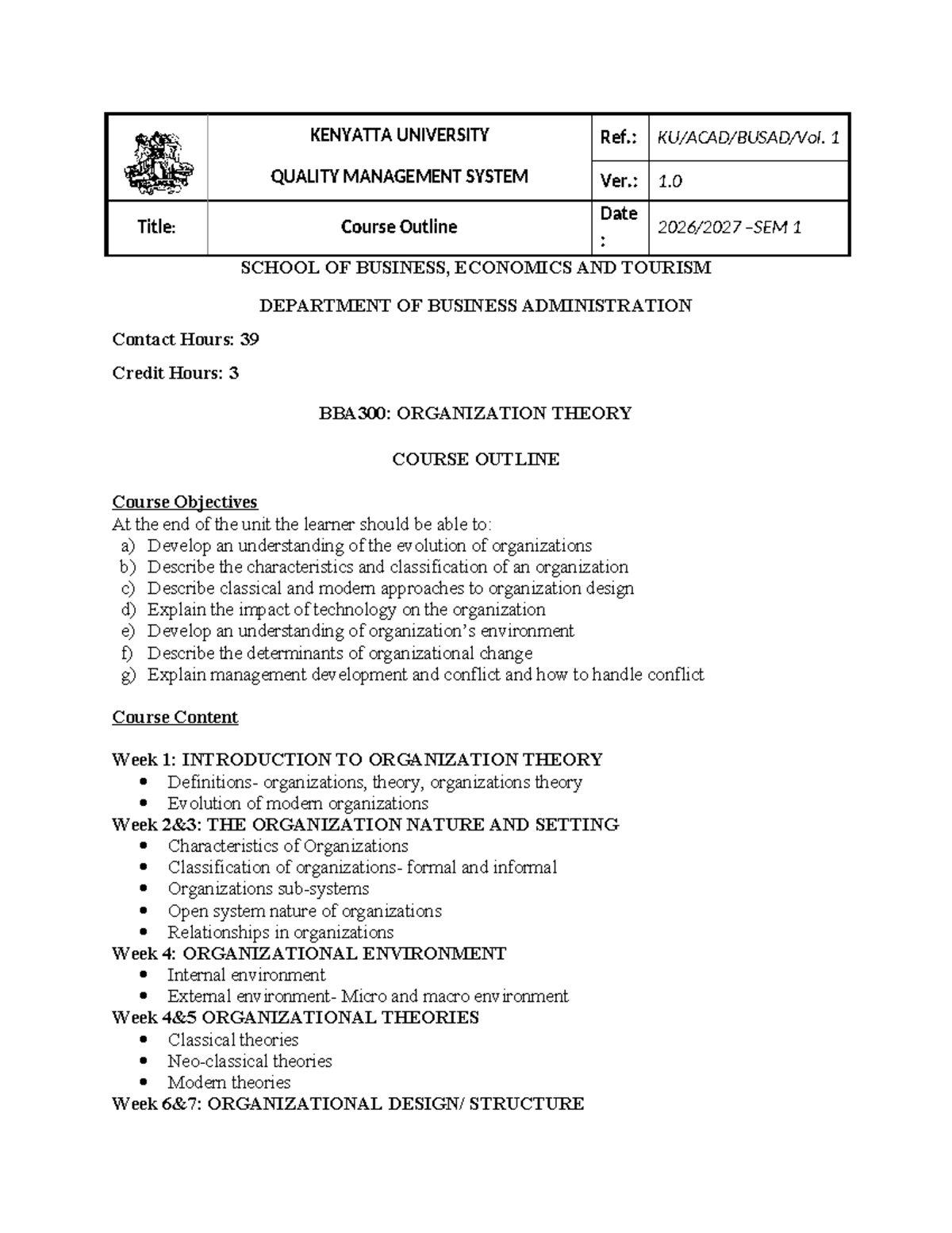 BBA300: Organization Theory Course Outline and Objectives - Studocu