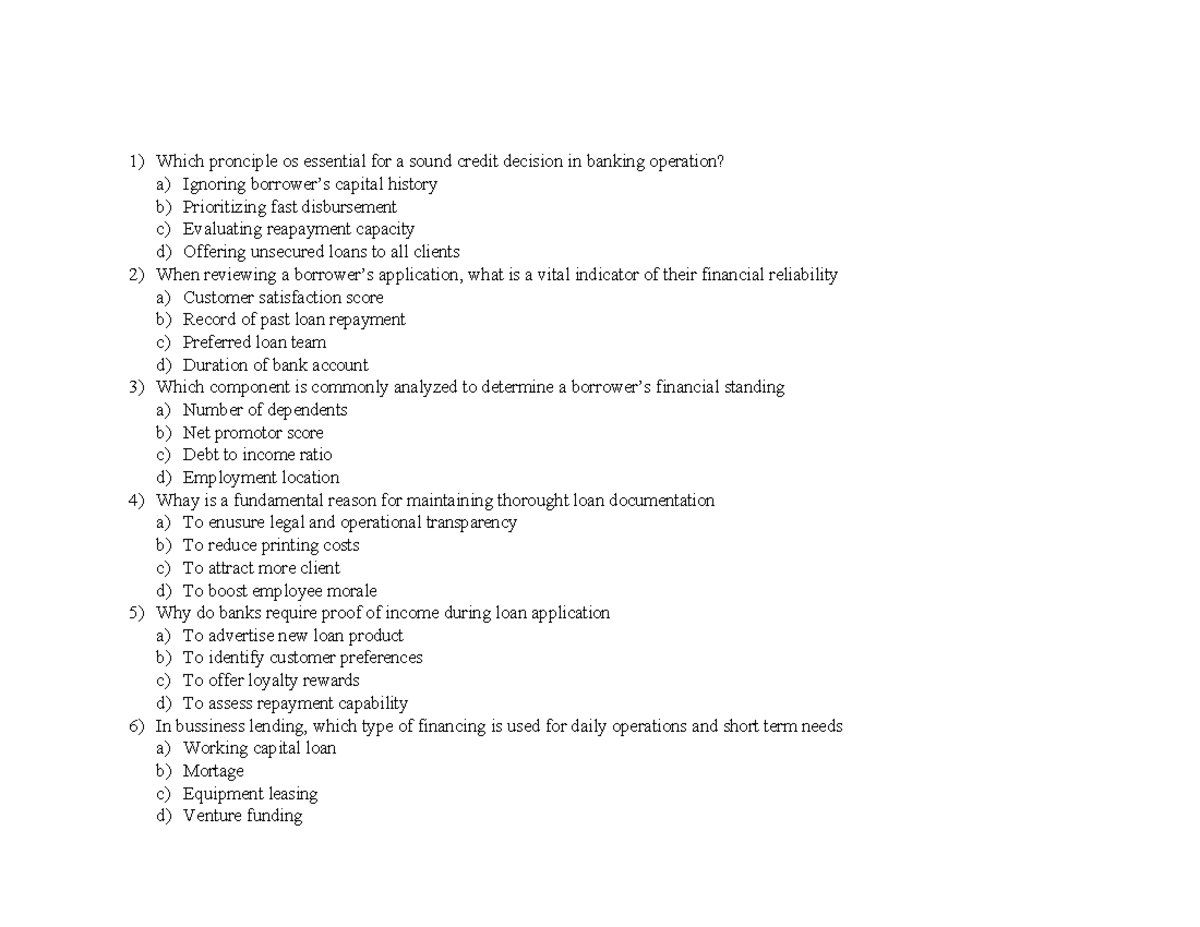 Banking Operations Quiz: Key Principles & Loan Evaluation (FIN 101 ...