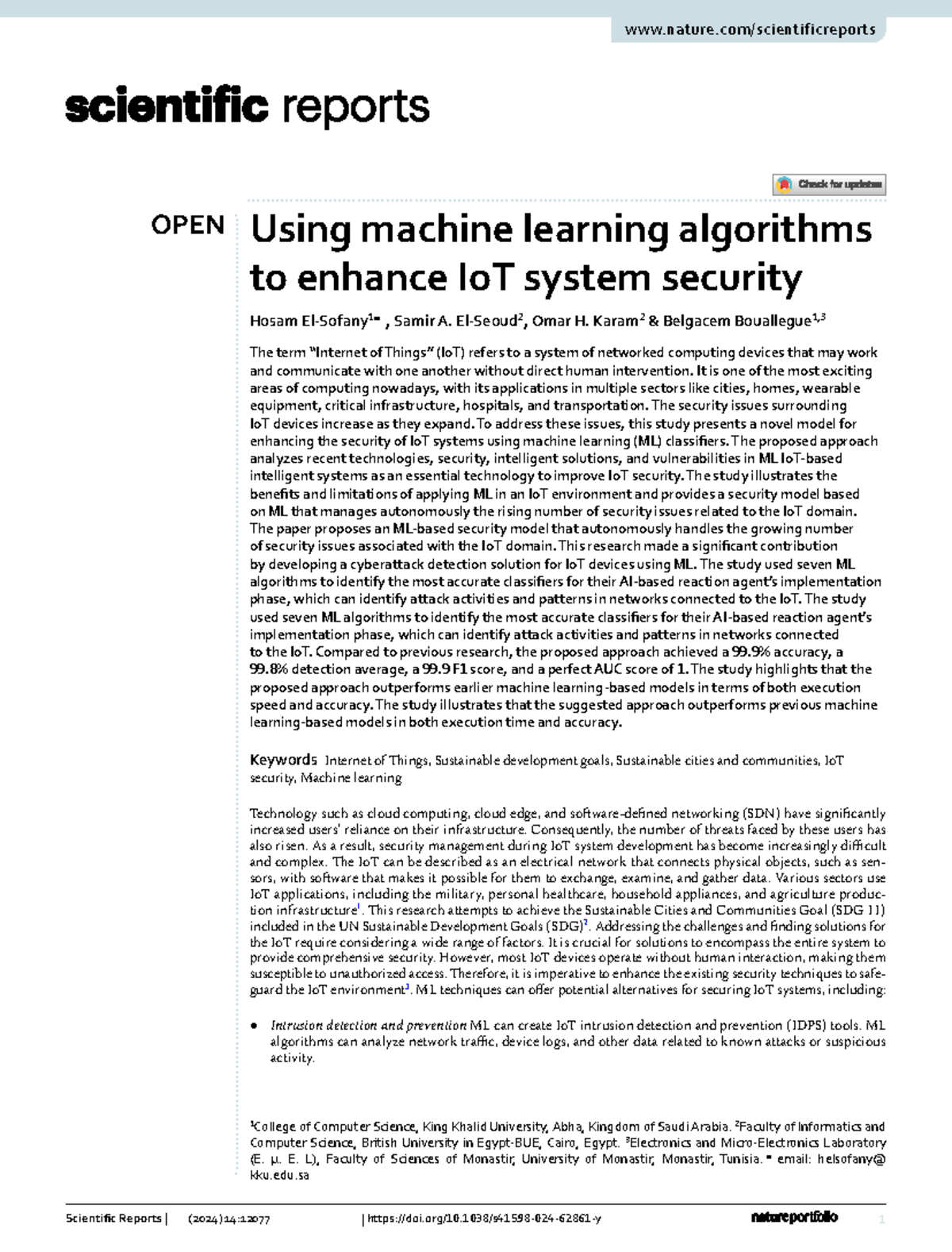 OPEN: Enhancing IoT Security with ML Algorithms - Research Study - Studocu