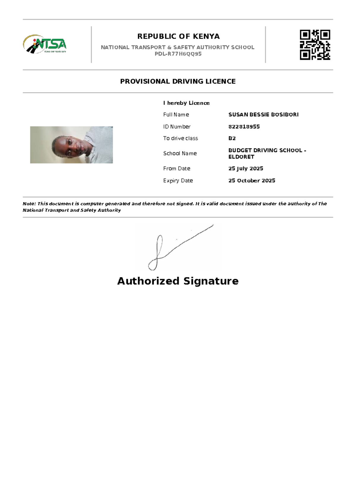PDL-R77H6QQ95-Provisional Driving License - REPUBLIC OF KENYA NATIONAL ...
