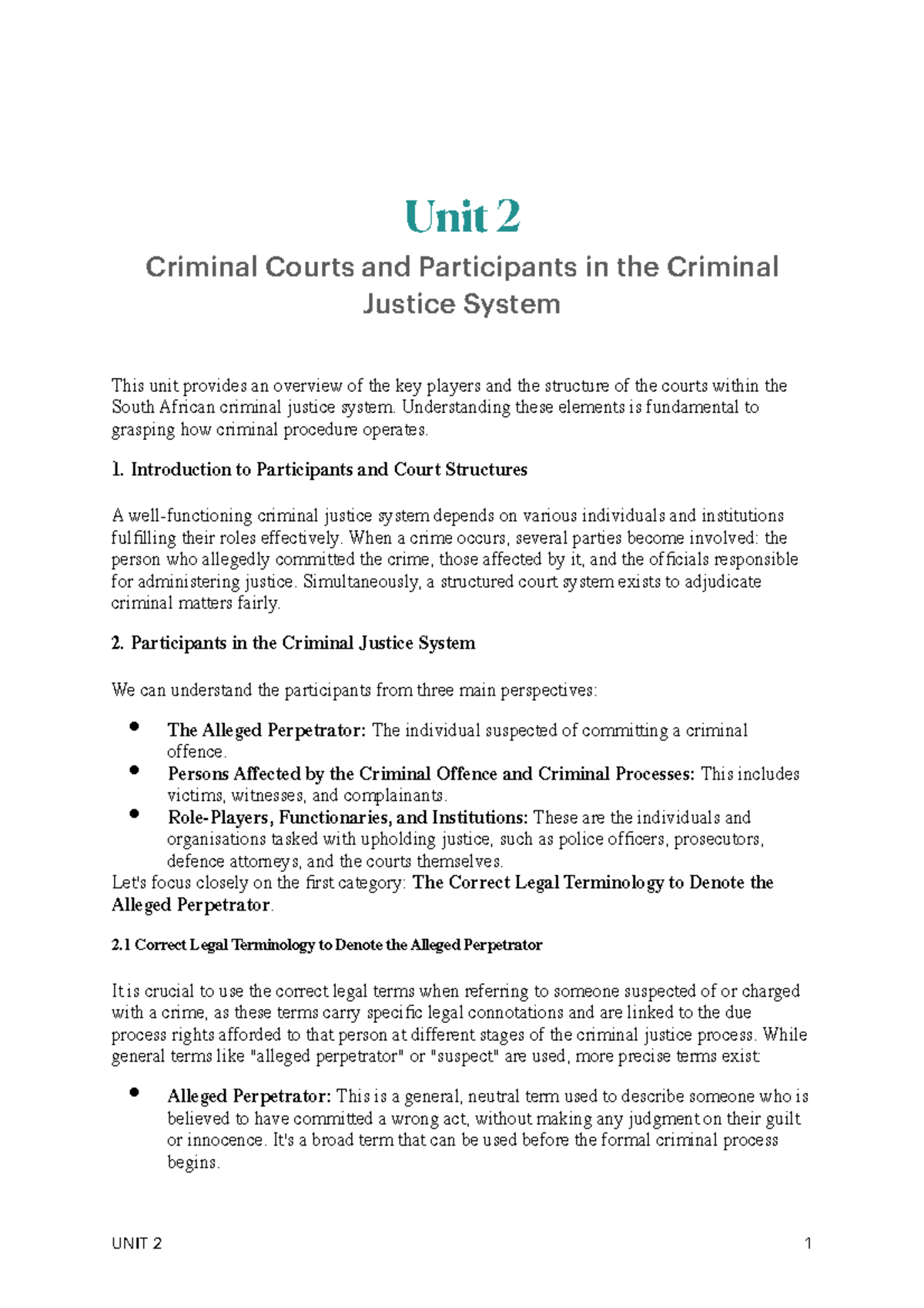 Unit 2: Criminal Procedure Notes on Justice System & Court Roles - Studocu