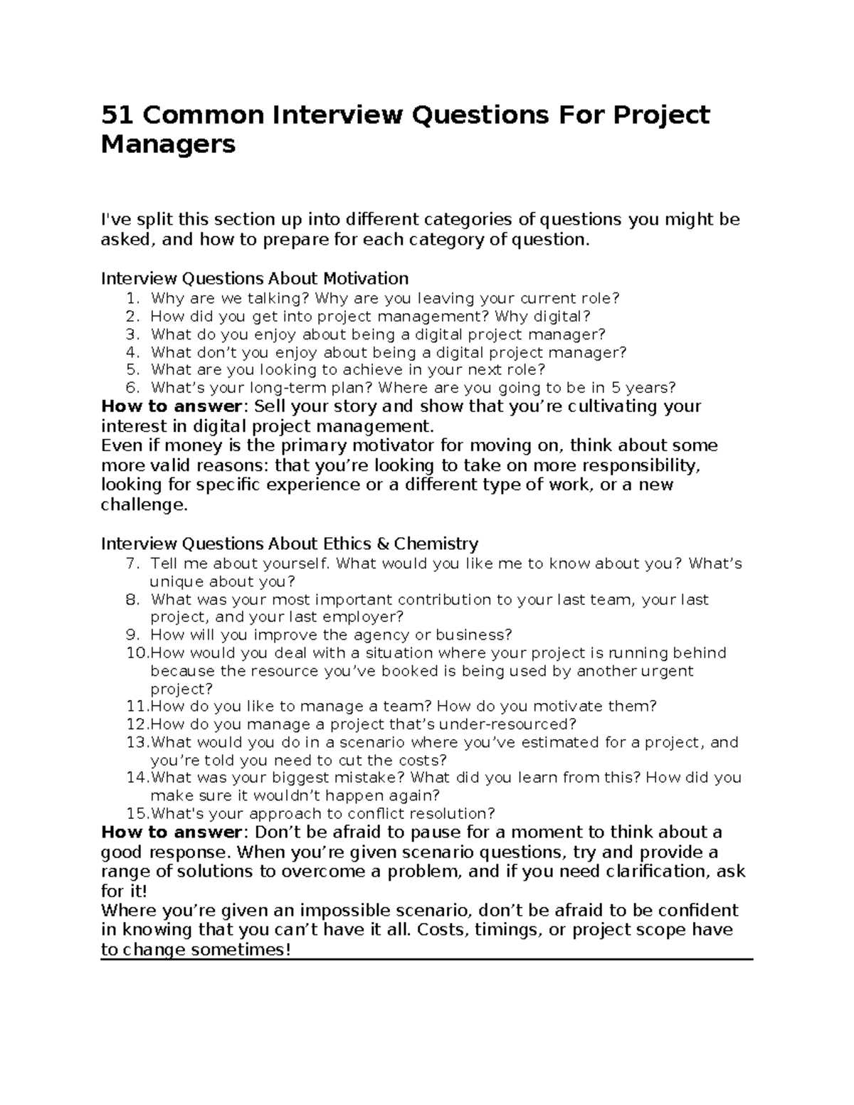 51 Essential Interview Questions for Digital Project Managers - Studocu