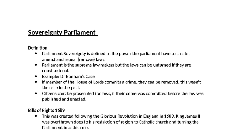 Parliament Sovereignty: Definition and Key Concepts in Law - Studocu