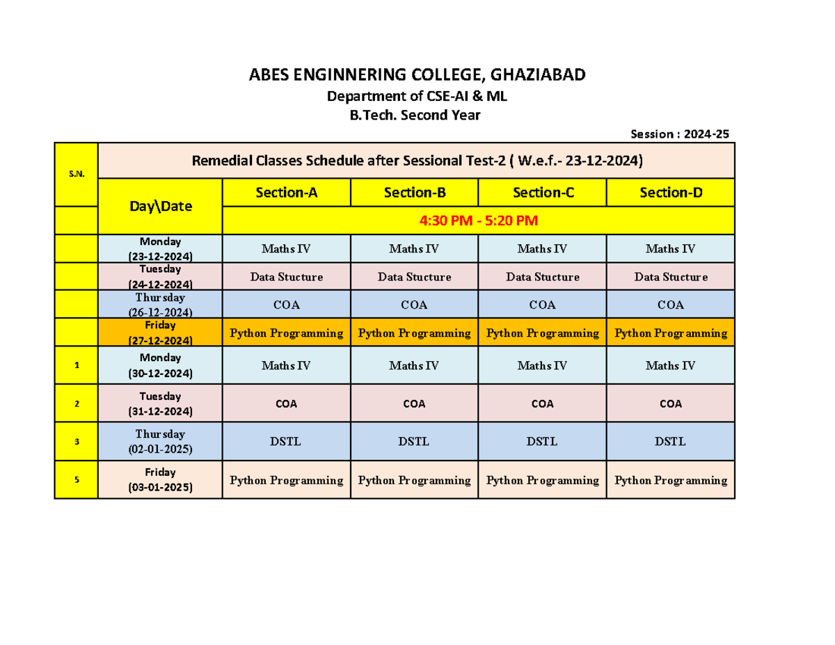 Remedial Class Schedule: CSE-AI & ML (2nd Year) - W.e. 23-12-2024 - Studocu