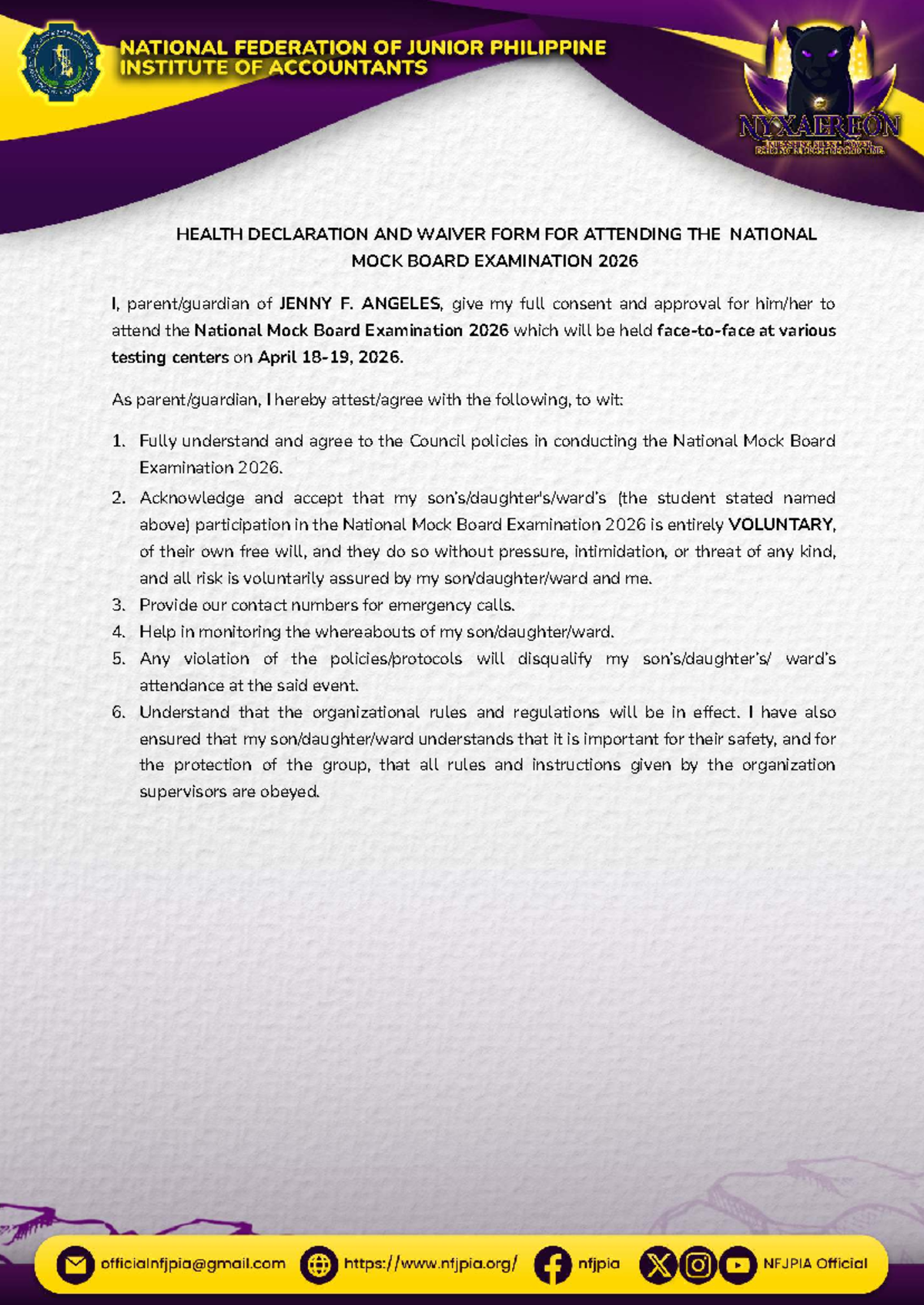 Angeles NMBE Health Declaration & Waiver Form 2026 - Studocu