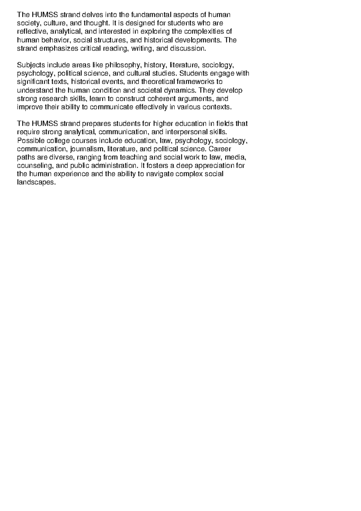 HUMSS Strand Overview: Key Concepts & Career Paths - Studocu