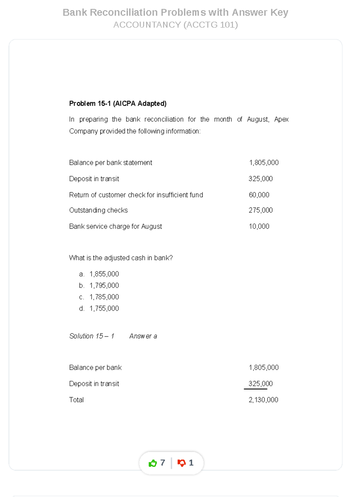 Bank Reconciliation Problems & Solutions (ACCTG 101) - Studocu