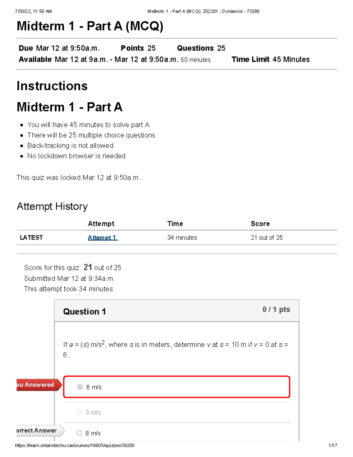 Midterm 1 Part A (MCQ) Review: 202201 Dynamics 73288 - Studocu