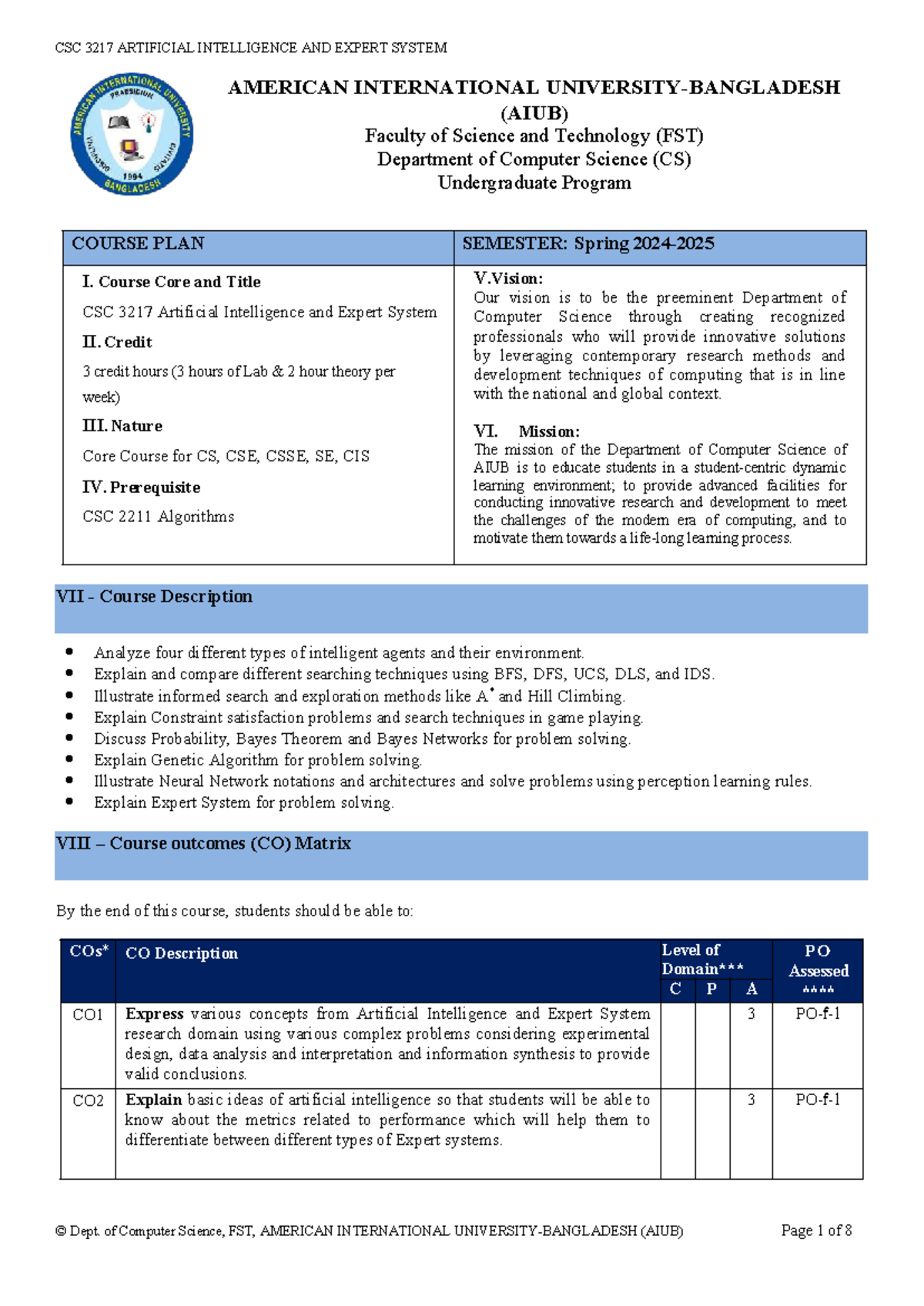 CSC 3217 Course Plan: Artificial Intelligence & Expert Systems (Spring ...