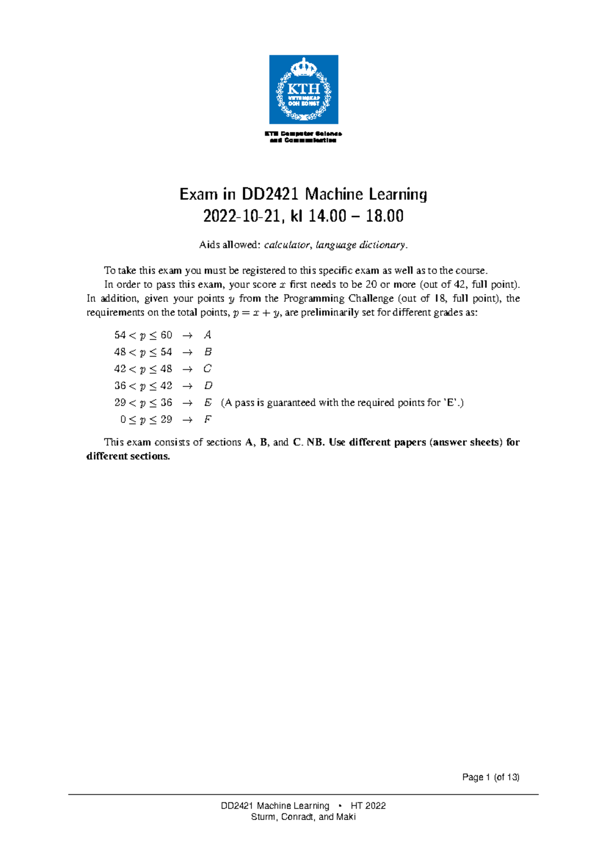 DD2421 Machine Learning Final Exam Guidelines and Graded Problems - Studocu