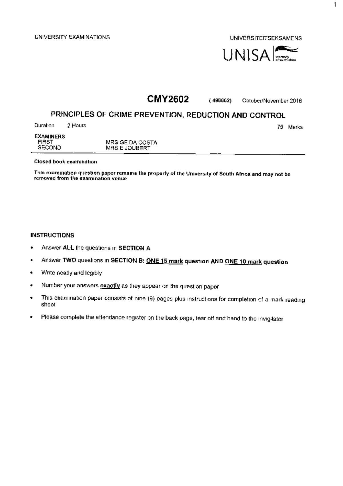 CMY2602 Final Exam Papers on Crime Prevention Principles - Studocu