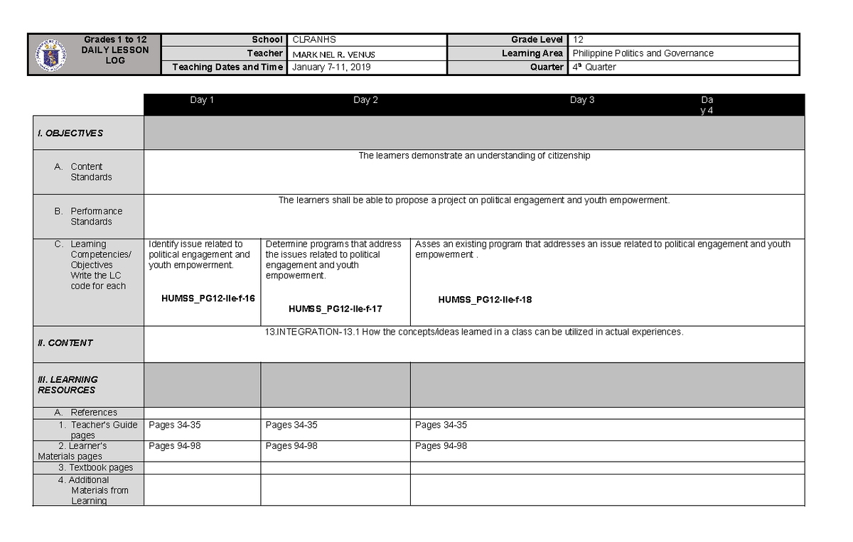 philippine politics - Grades 1 to 12 DAILY LESSON LOG School CLRANHS ...