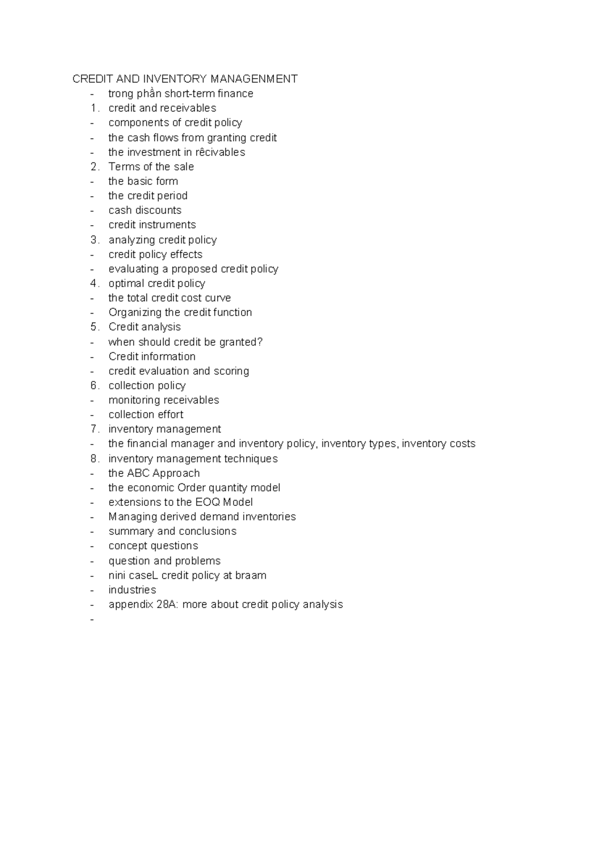 CREDIT AND INVENTORY MANAGEMENT: Finance 1 Overview and Analysis - Studocu