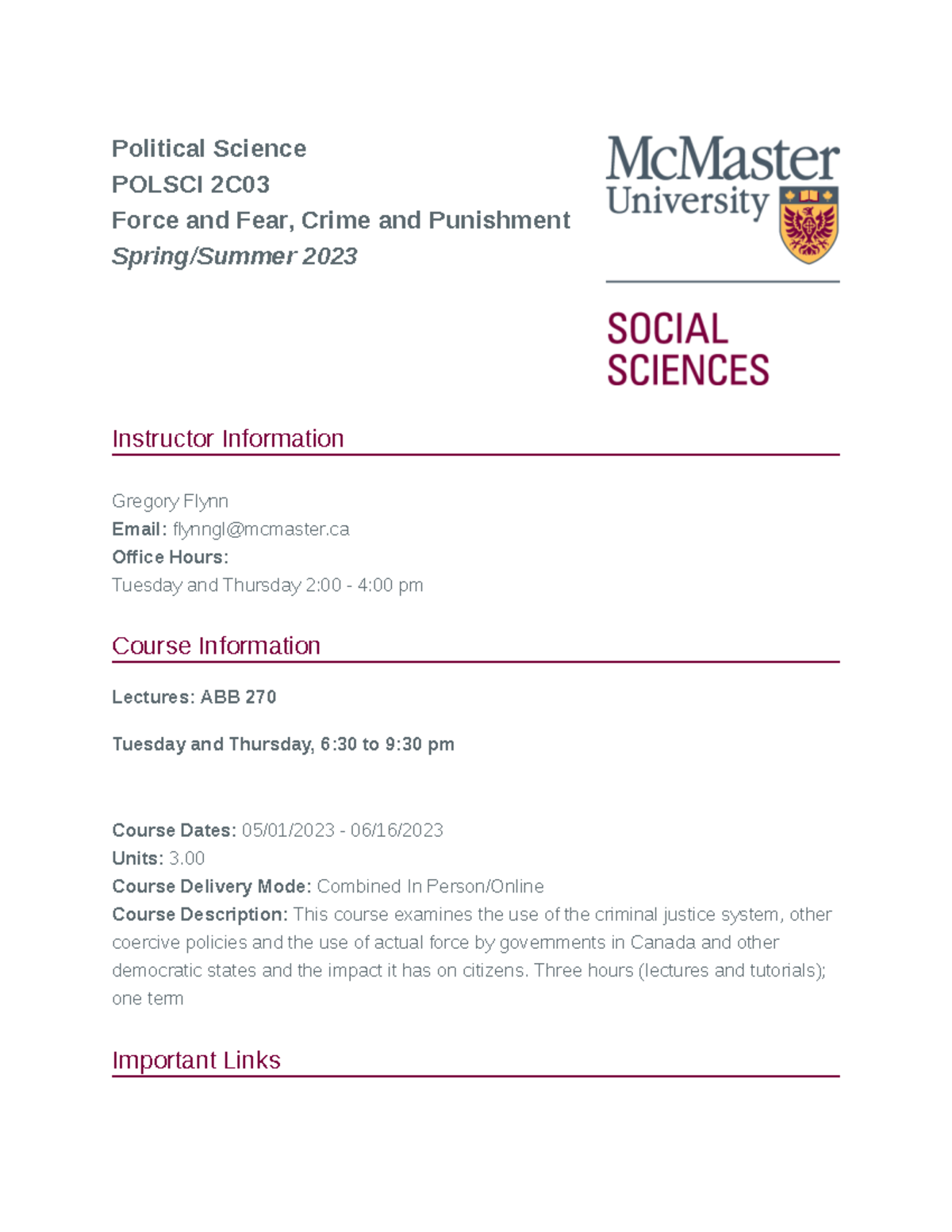 Political Science POLSCI 2C03 Course syllabus: Force, fear, crime, and ...