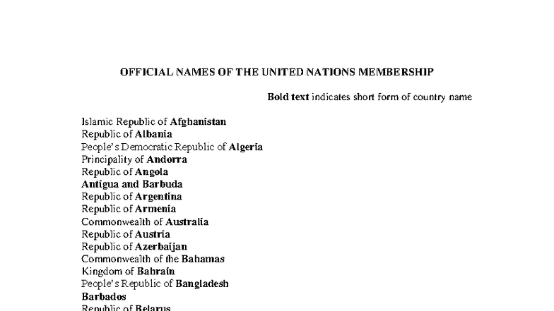 List of Official Names of UN Member States (UN Membership) - Studocu