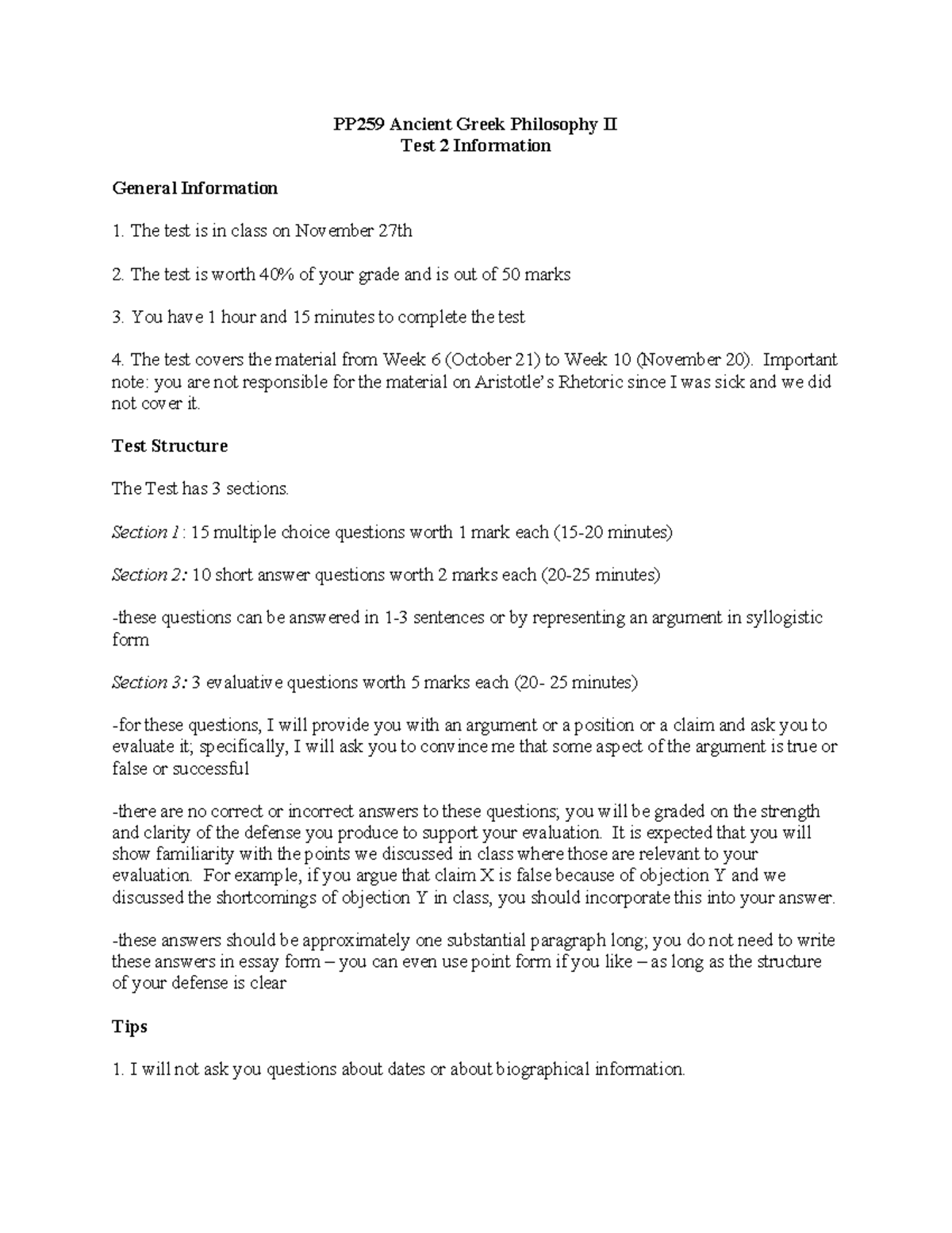 Test 2 information - test 2 sheet of content - PP259 Ancient Greek ...