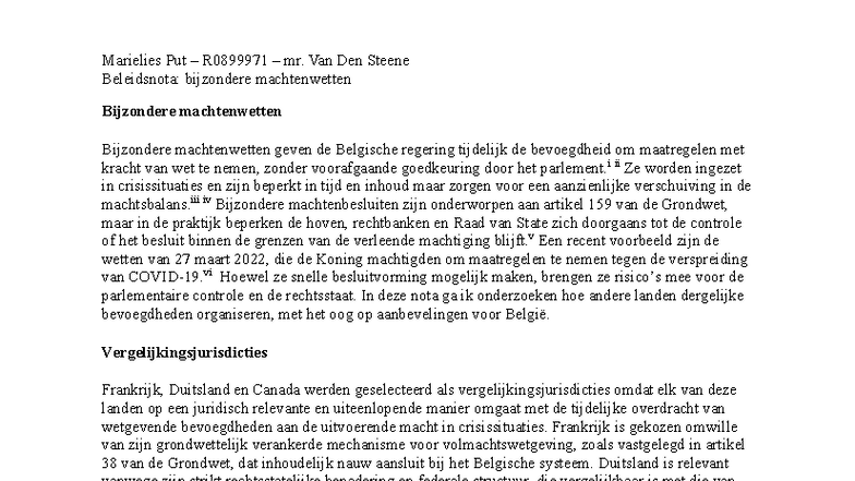 Beleidsnota: Bijzondere Machtenwetten en Vergelijking met FR, DE, CA ...