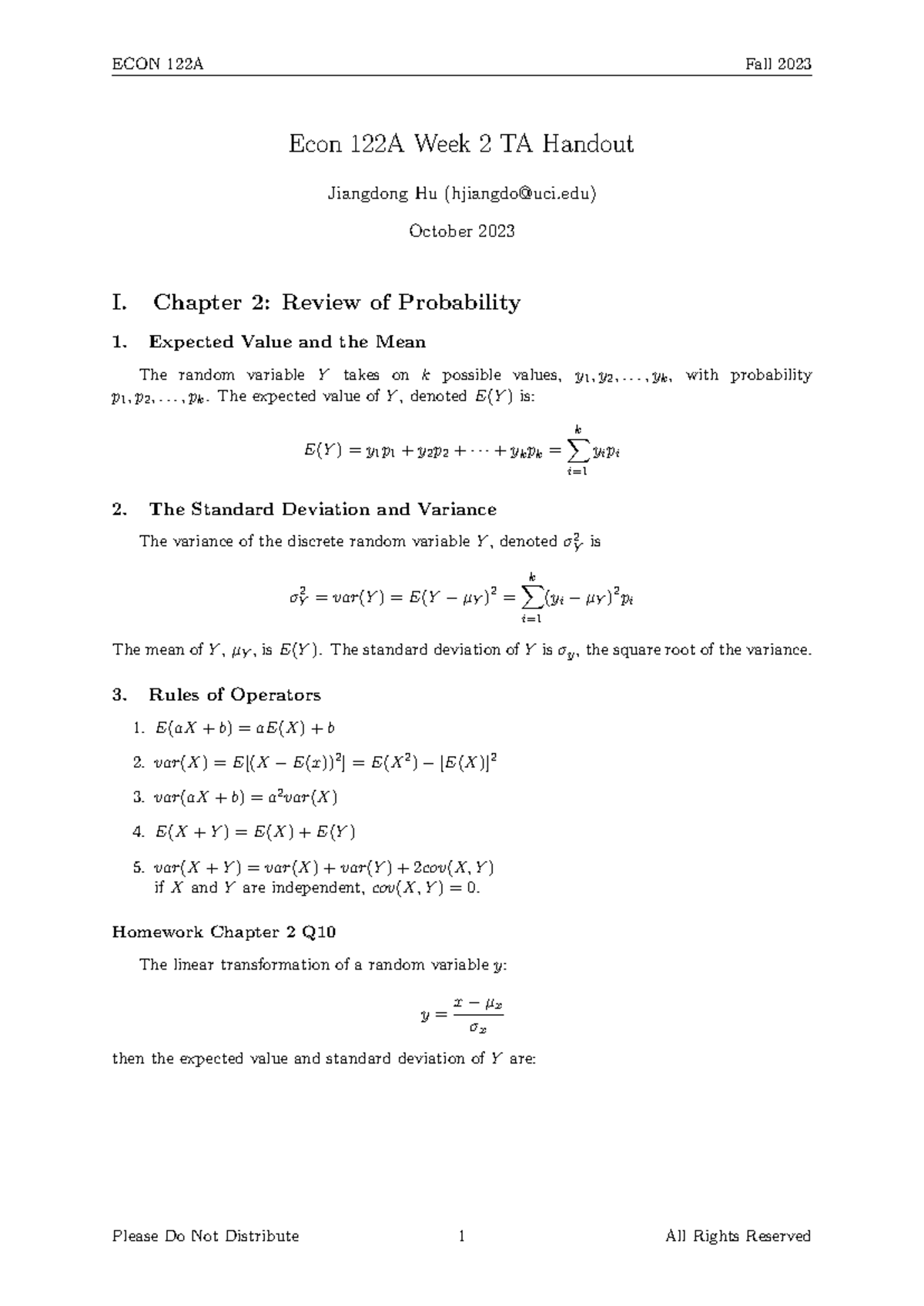 Econ 122A Week 2: Probability Review & Key Concepts Summary - Studocu