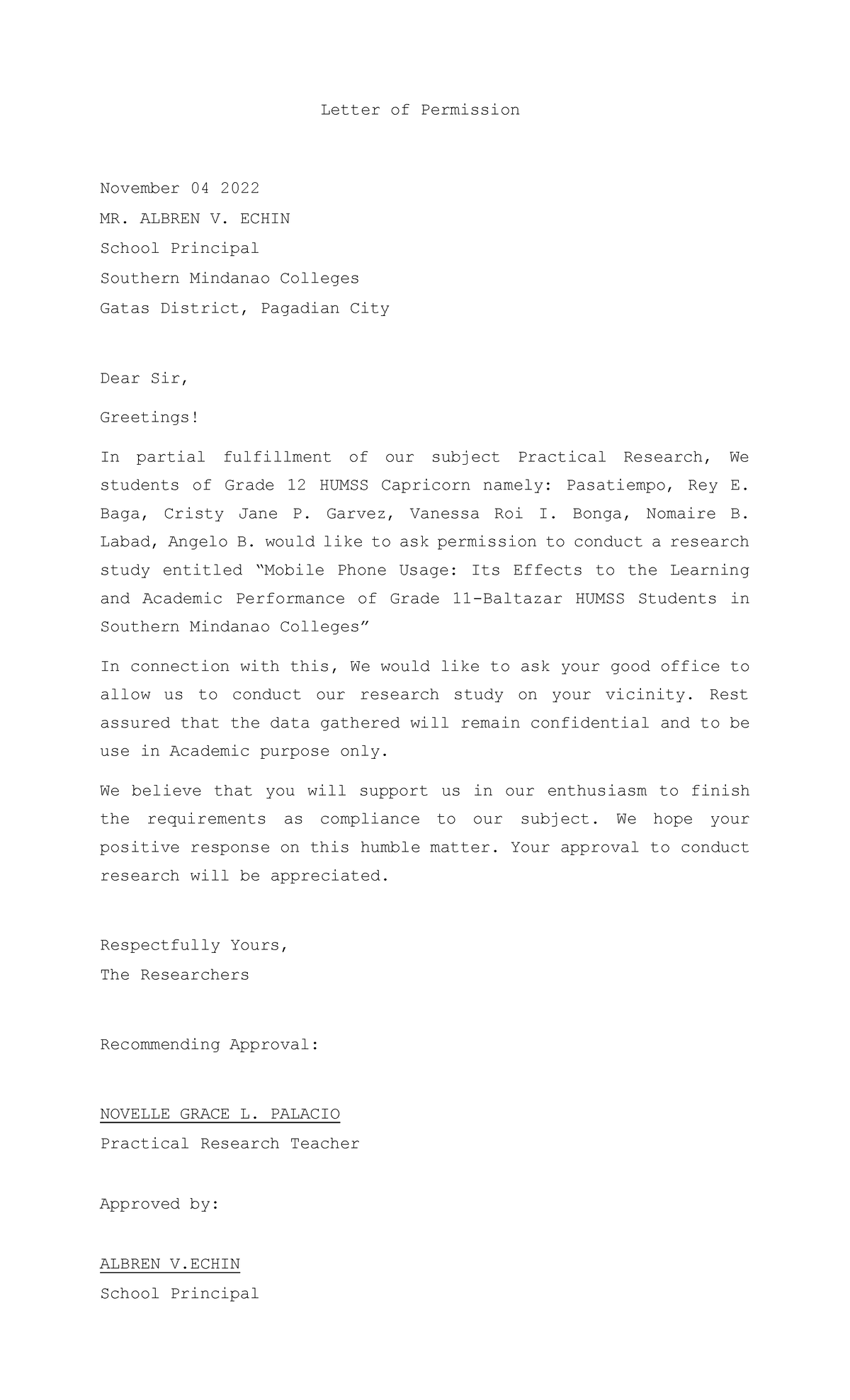 Research Study Permission Letter for HUMSS Grade 12 Project - Studocu