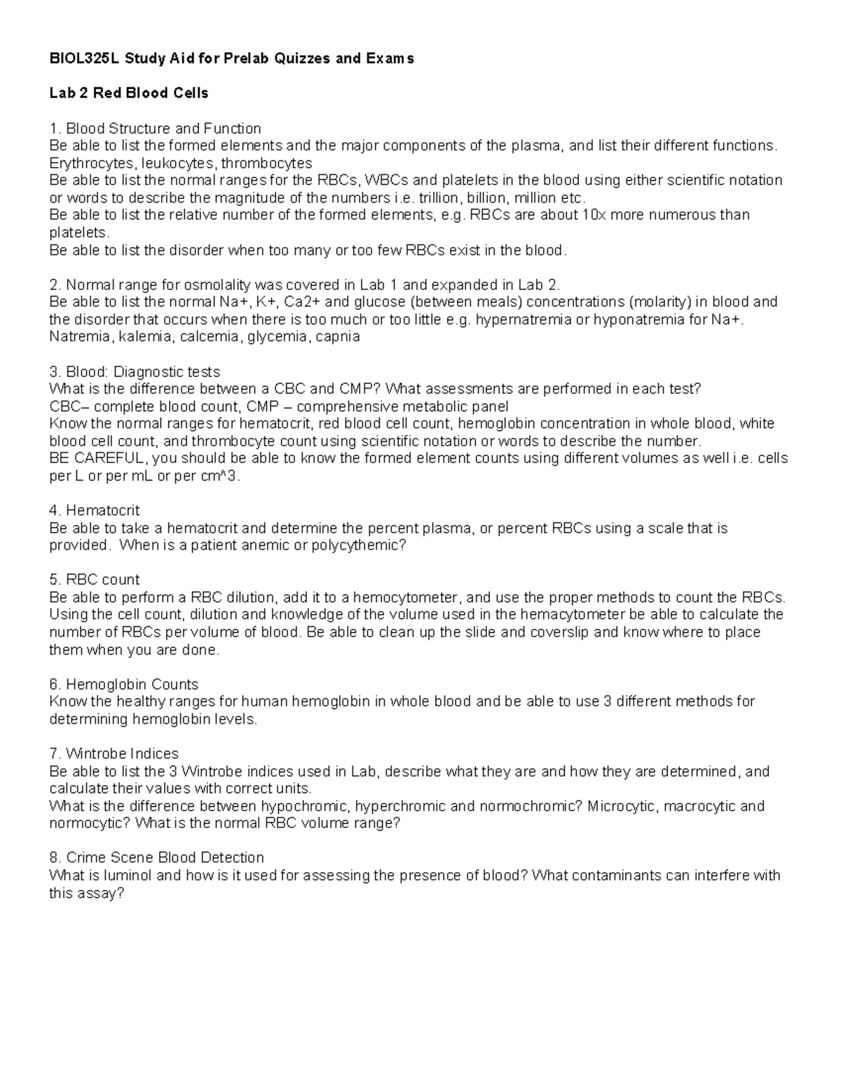 BIOL325L Lab Quiz Study Aid: Red Blood Cells & Diagnostics - Studocu