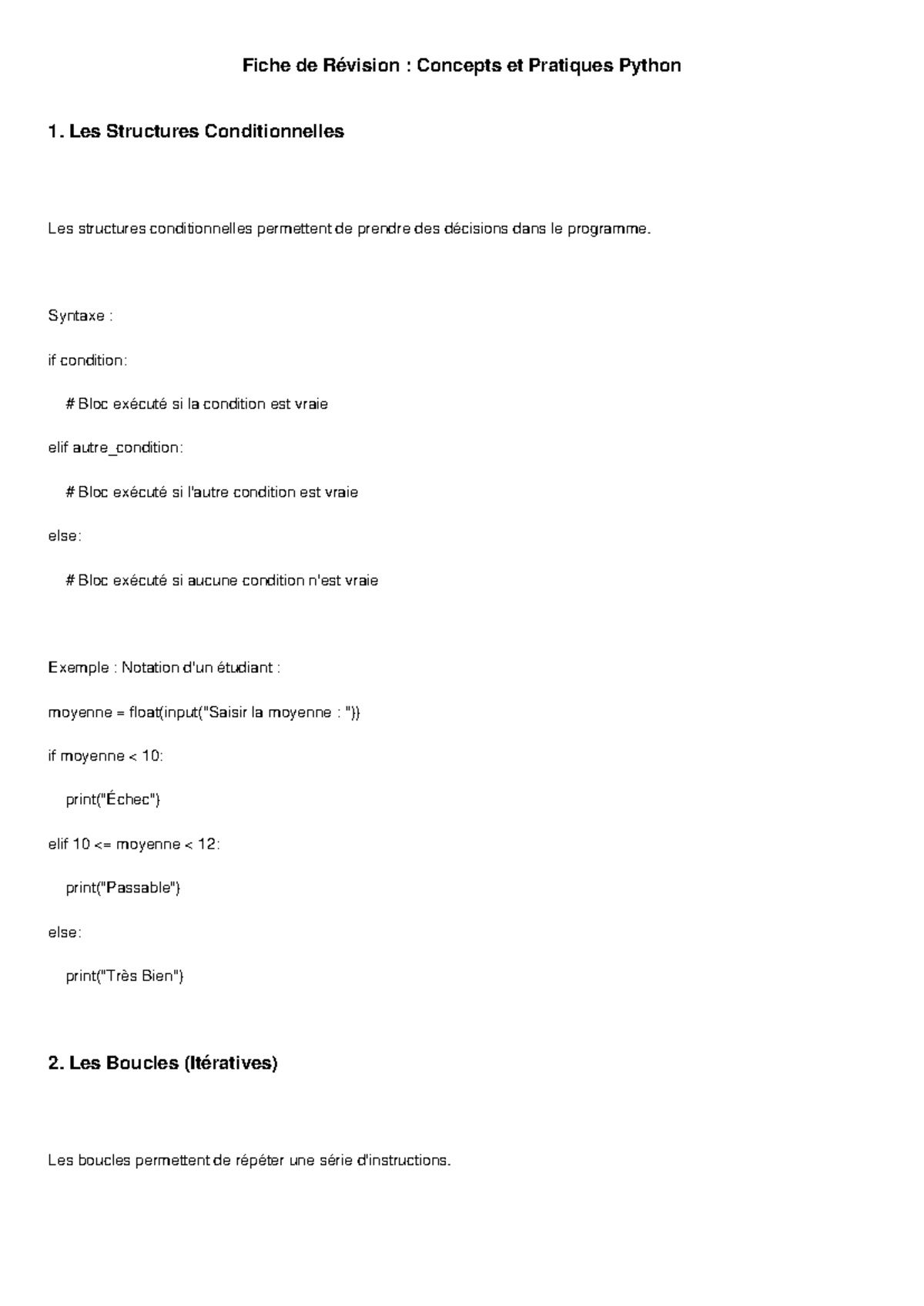 Fiche de Révision: Structures Conditionnelles et Boucles en Python ...
