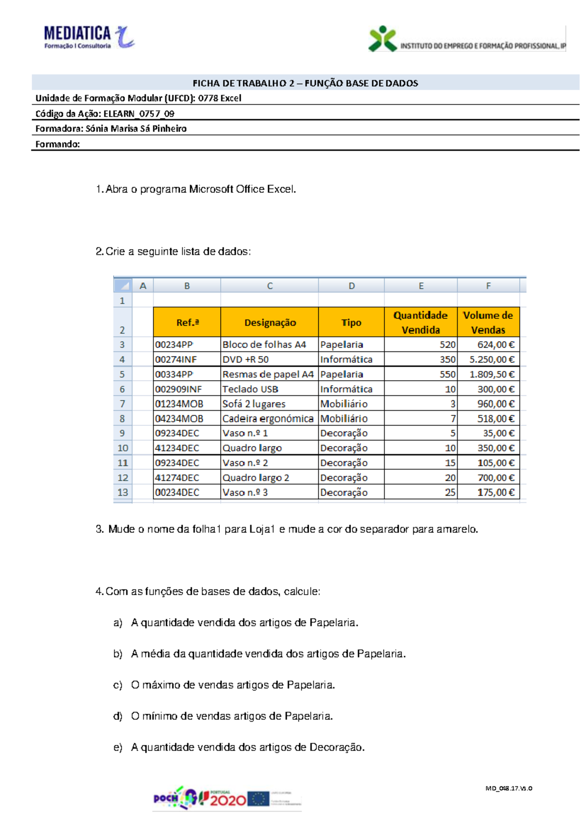 Ficha de Trabalho 2 - Função Base de Dados em Excel (UFCD 0778) - Document Preview