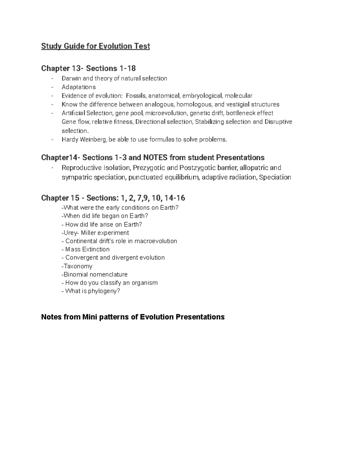 Study Guide for Evolution Test-2: Key Concepts and Notes - Studocu