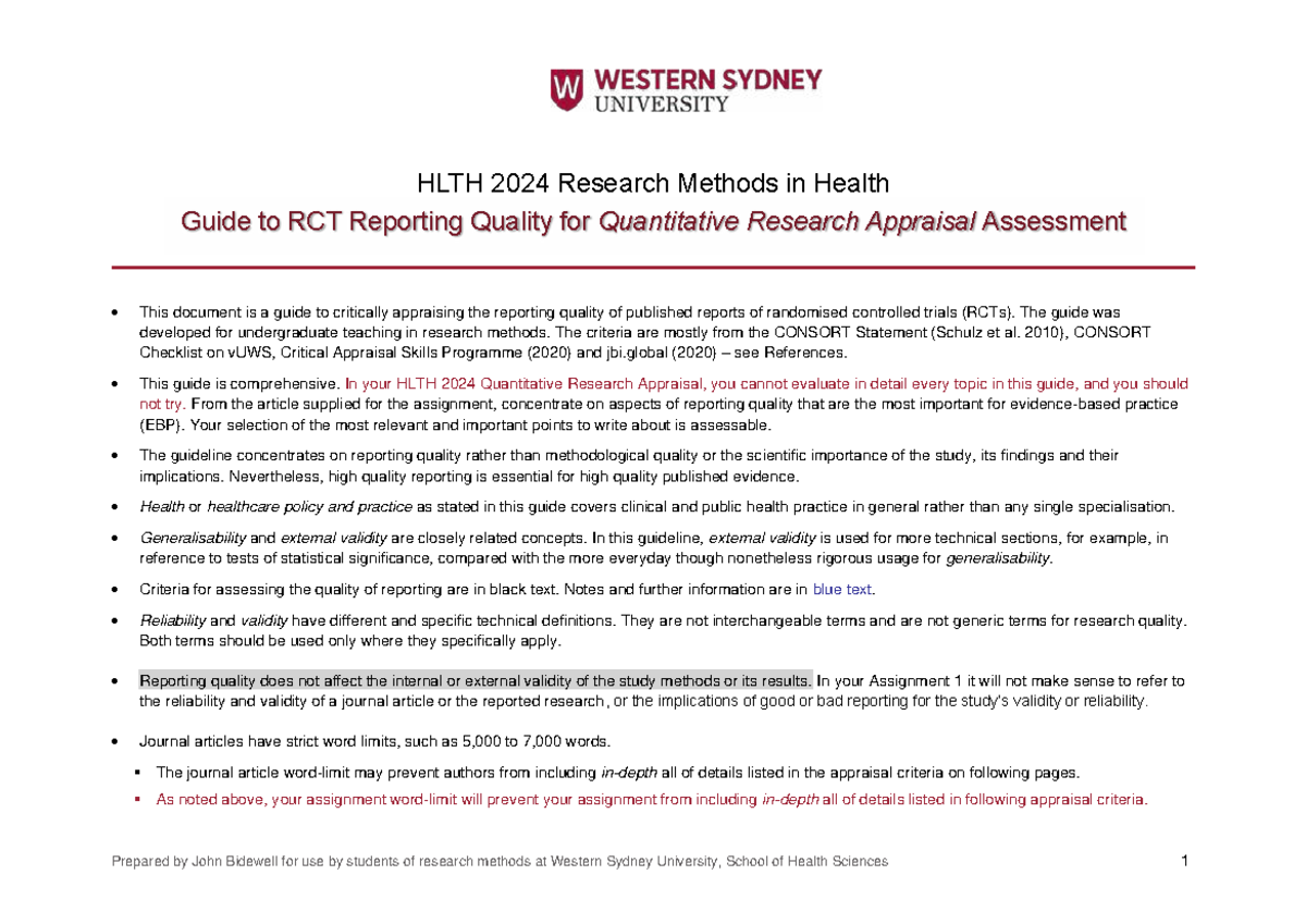 HLTH 2024 Guide to RCT Reporting Quality for Quantitative Research ...