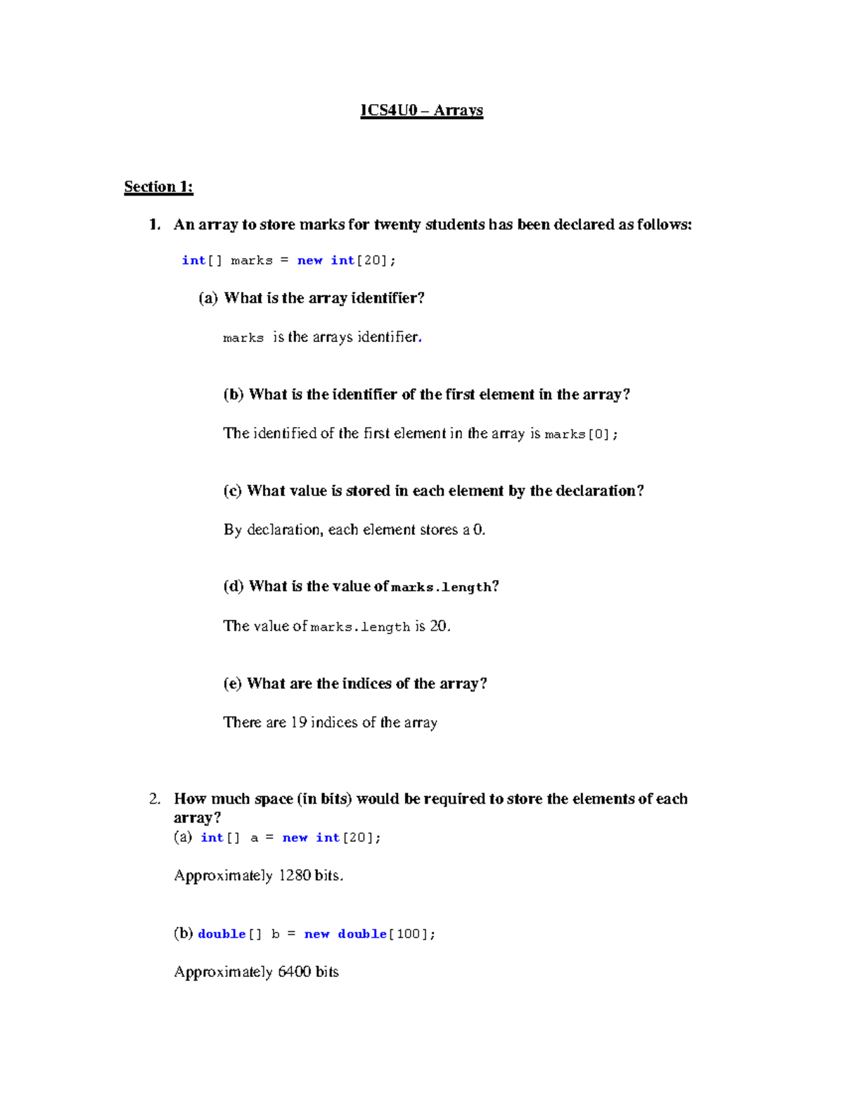 ICS4U0 Arrays Exercise 2: Introduction to Array Concepts and Operations ...