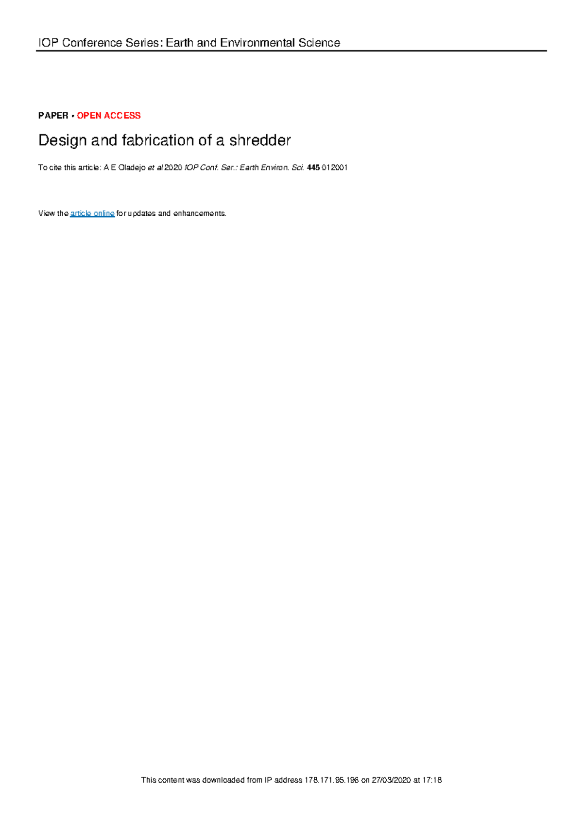 Design and fabrication of a shredder - IOP Conference Series: Earth and ...