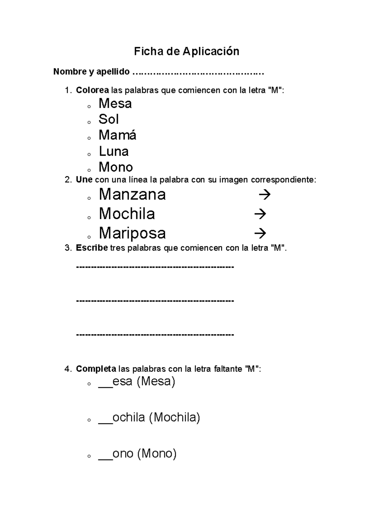Ficha Aprendo a Leer con la Letra M 1er grado - Ficha de Aplicación ...