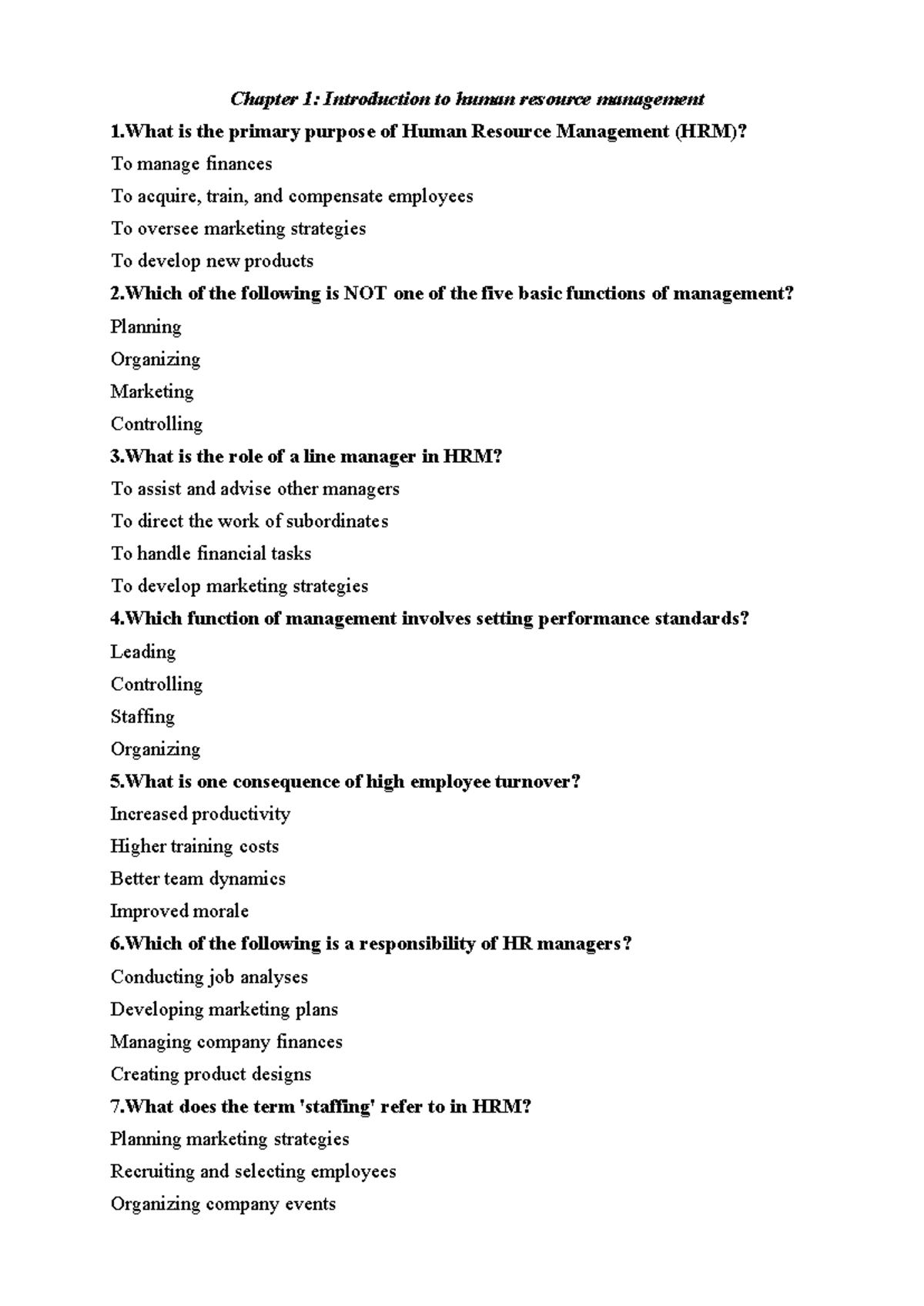 HRM 101: Chapter 1 - Introduction to Human Resource Management Quiz ...