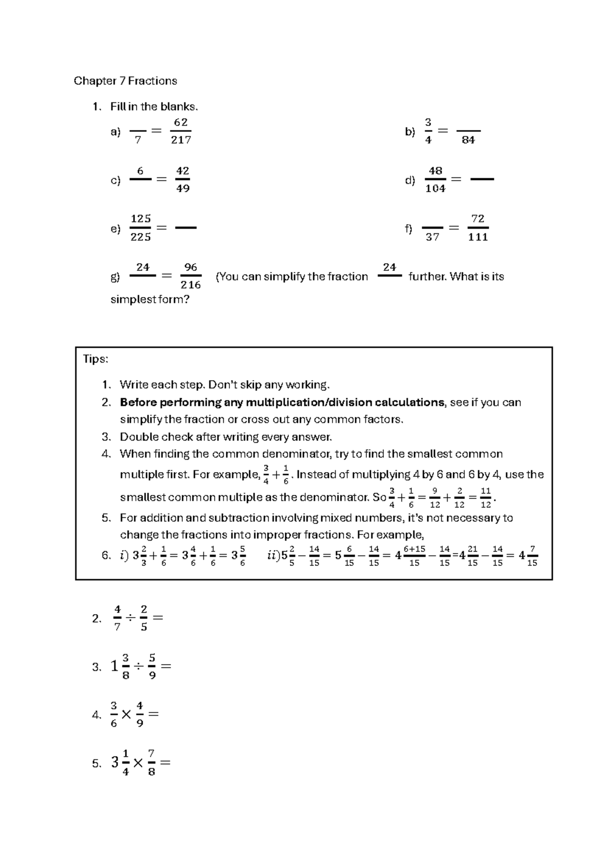 Chapter 7 Fractions - fraction qns - Chapter 7 Fractions 1. Fill in the ...