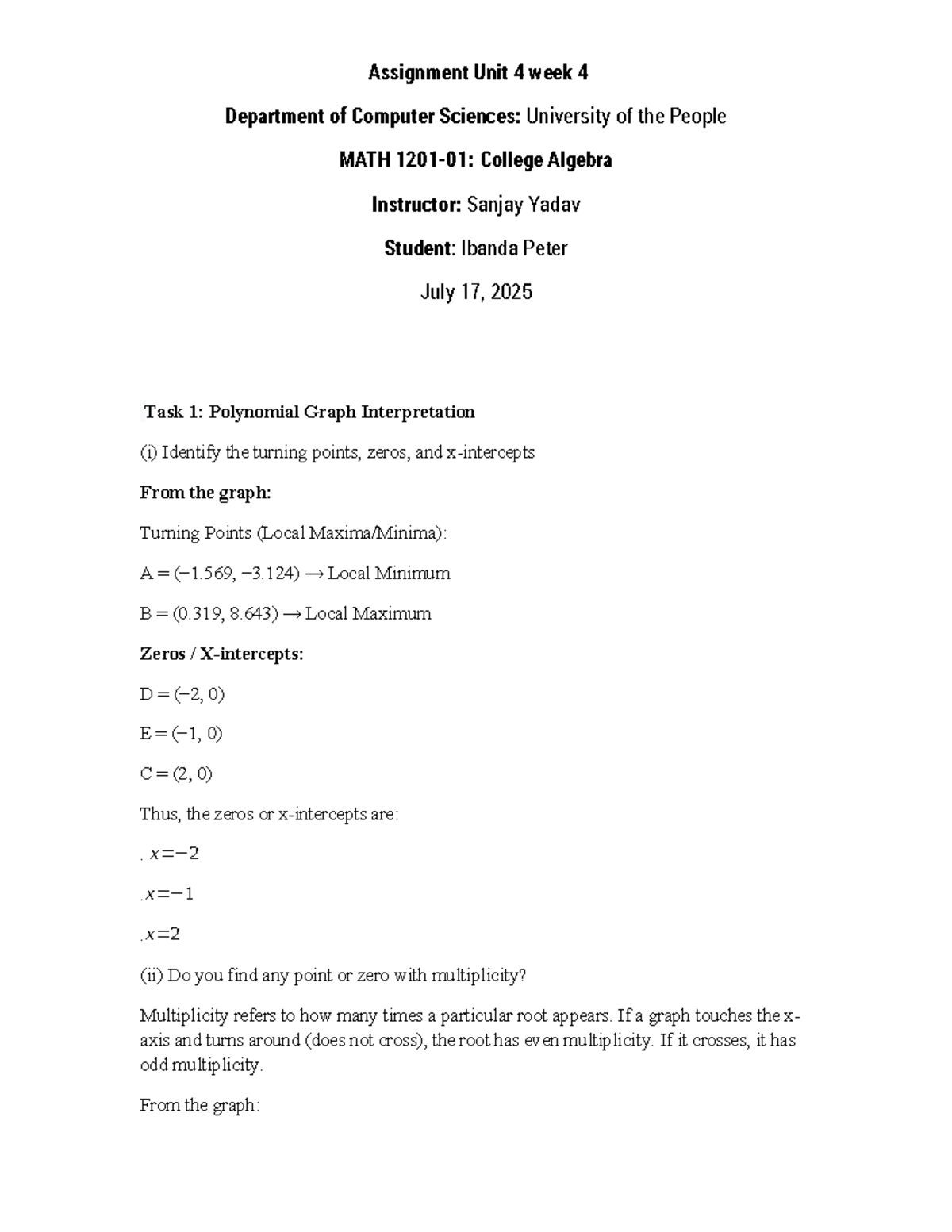 MATH 101: Unit 4 Assignment - Polynomial and Rational Function Analysis ...