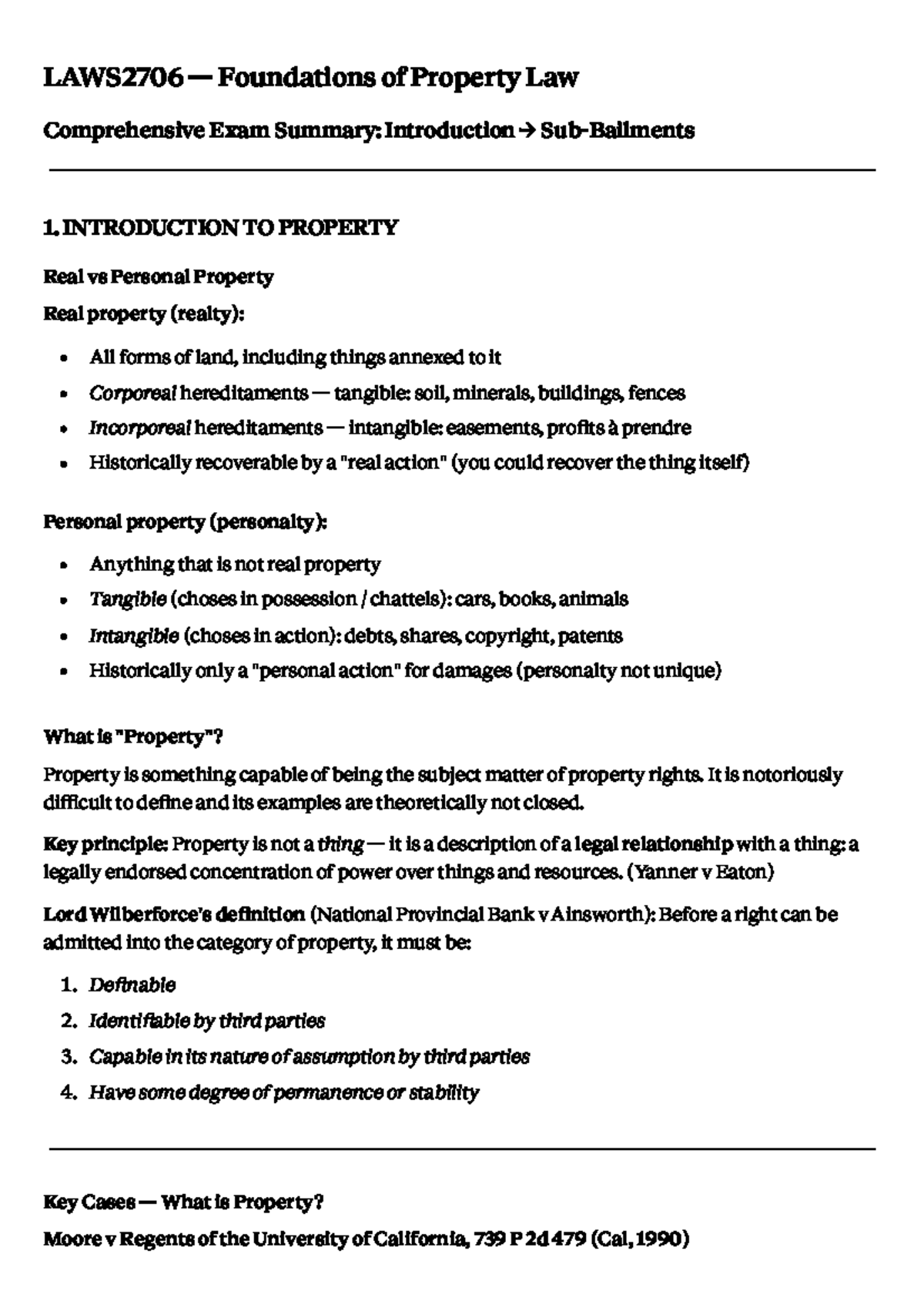 LAWS2706 Comprehensive Exam Summary on Foundations of Property Law ...