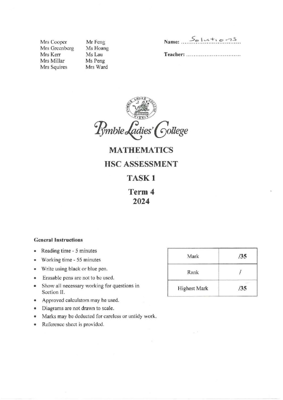 Pymble Y12 Adv Mathematics HSC Assessment Task 1 Solutions Term 4 2024 ...