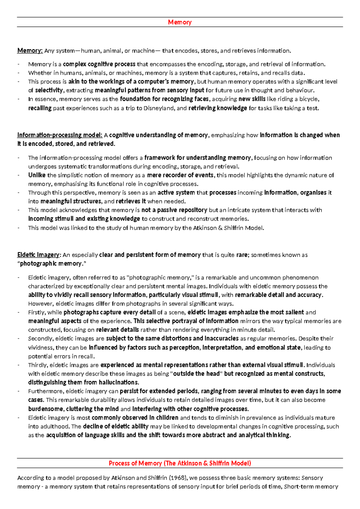 Unit 2 - Personal Notes - Memory Memory: Any system—human, animal, or ...