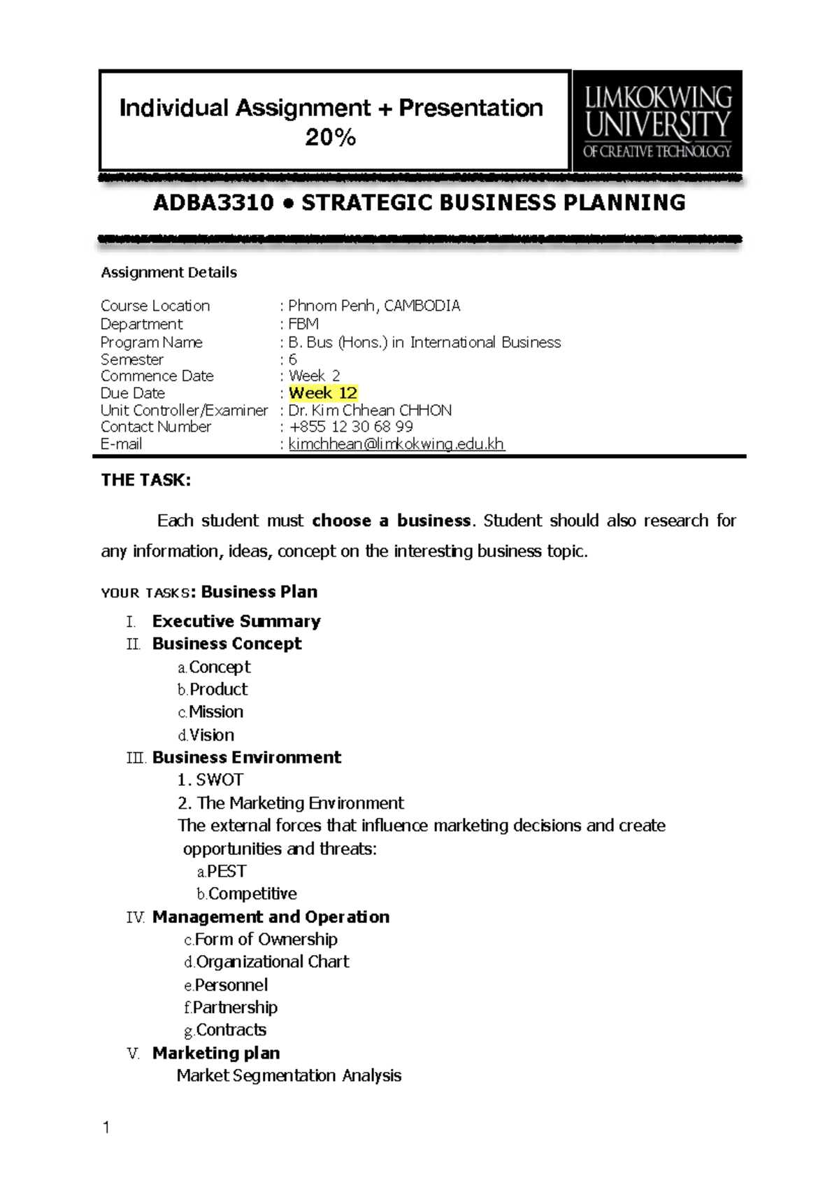 Individual Assignment: Strategic Business Planning ADBA3310 - Studocu