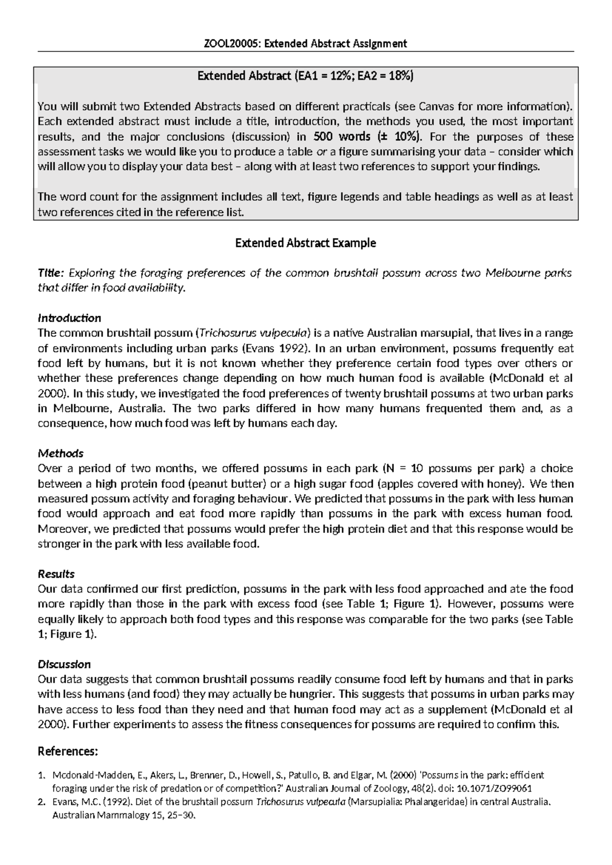 ZOOL20005: Extended Abstract Example on Brushtail Possum Foraging - Studocu