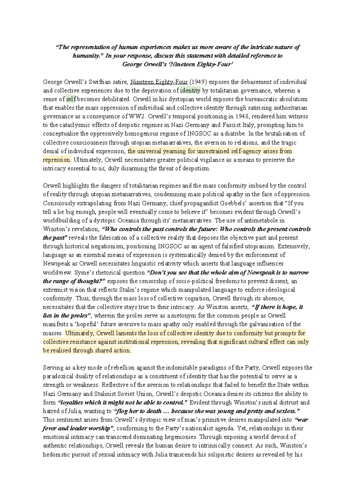 1984 HSC essay - “The representation of human experiences makes us more ...
