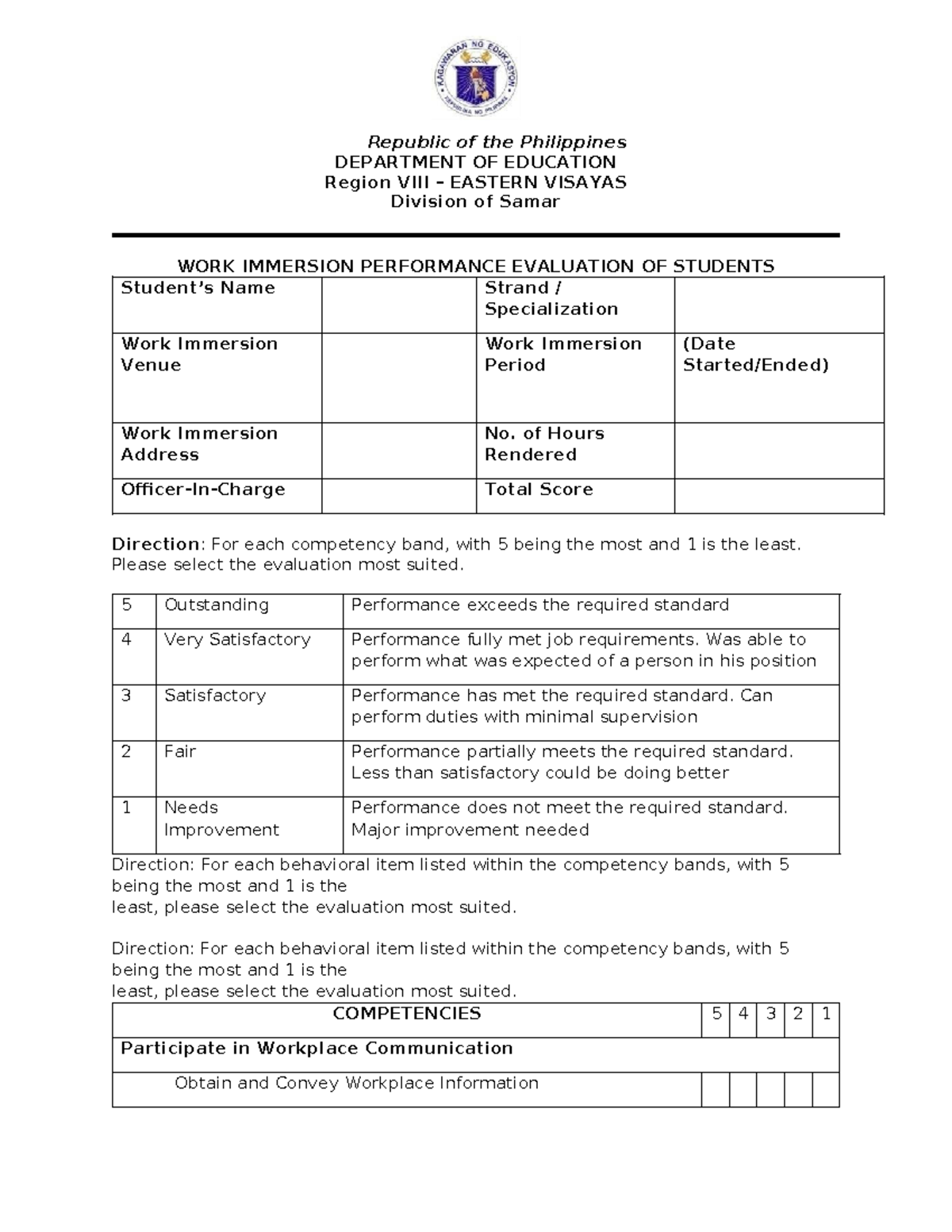 Work Immersion Performance Evaluation Form - 820275648 - Studocu