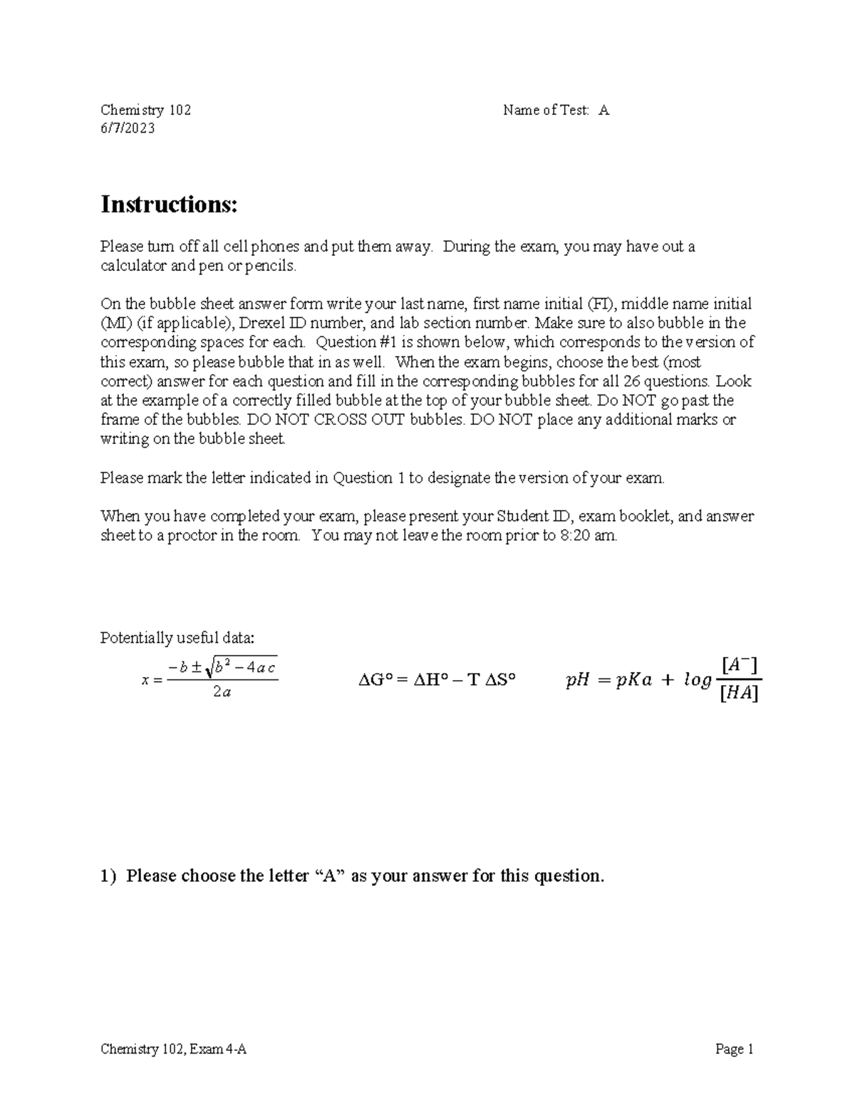 Chemistry 102 - Exam 4-Spring 2022-23 - Version A Review - Studocu