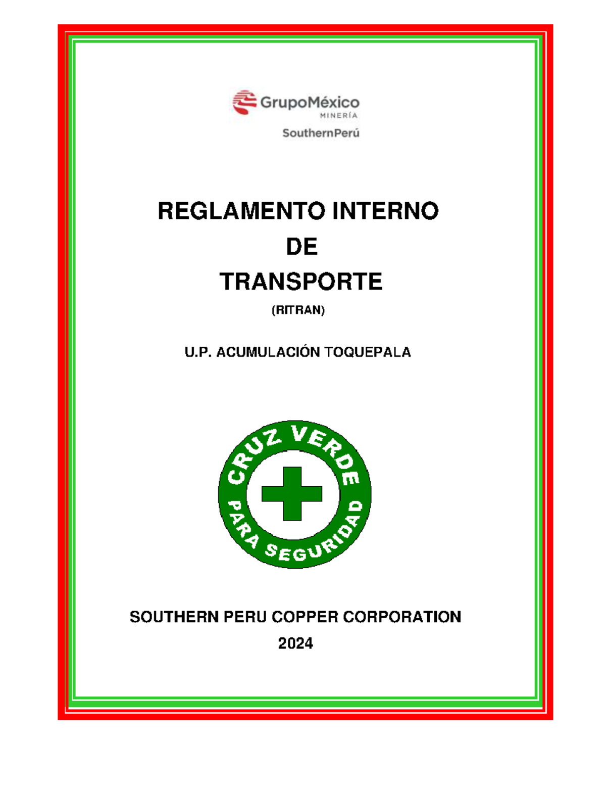 Reglamento Interno de Transporte (RITRAN) U.P. Toquepala 2024 - Document Preview